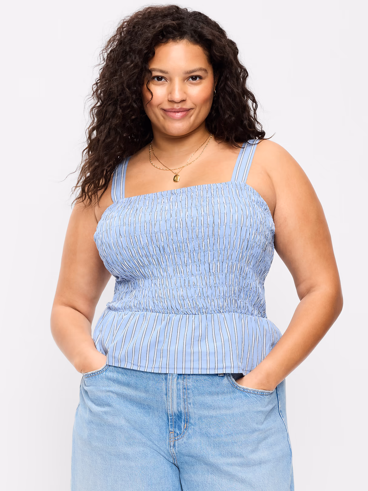 Smocked Peplum Tank Top - Blue Stripe