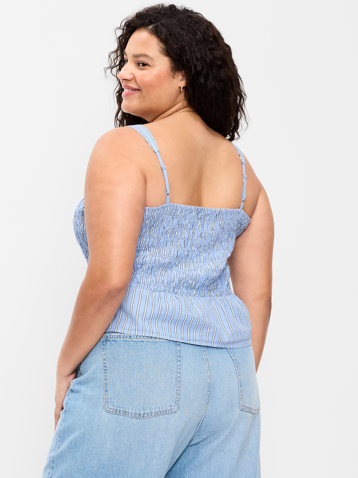 Smocked Peplum Tank Top - Blue Stripe