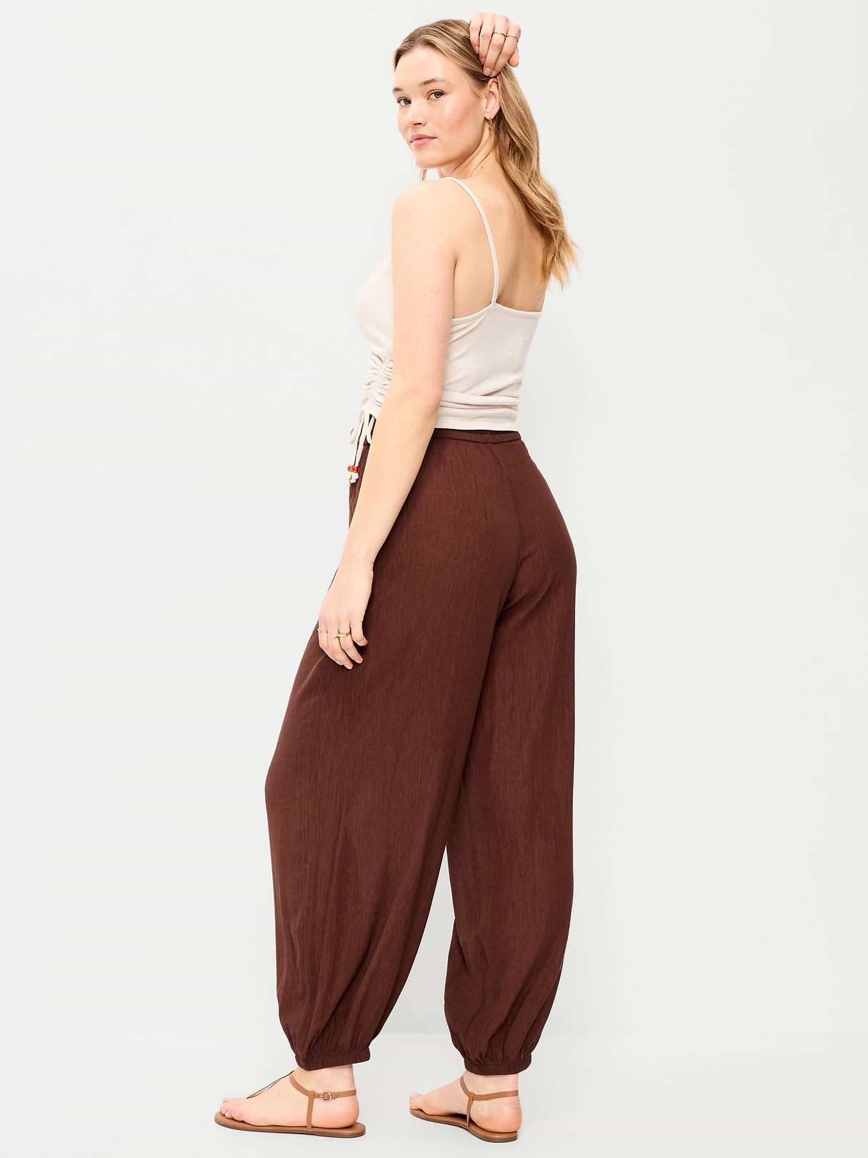 High-Waisted Sheer Crinkle Crepe Harem Pants - Peppercorn