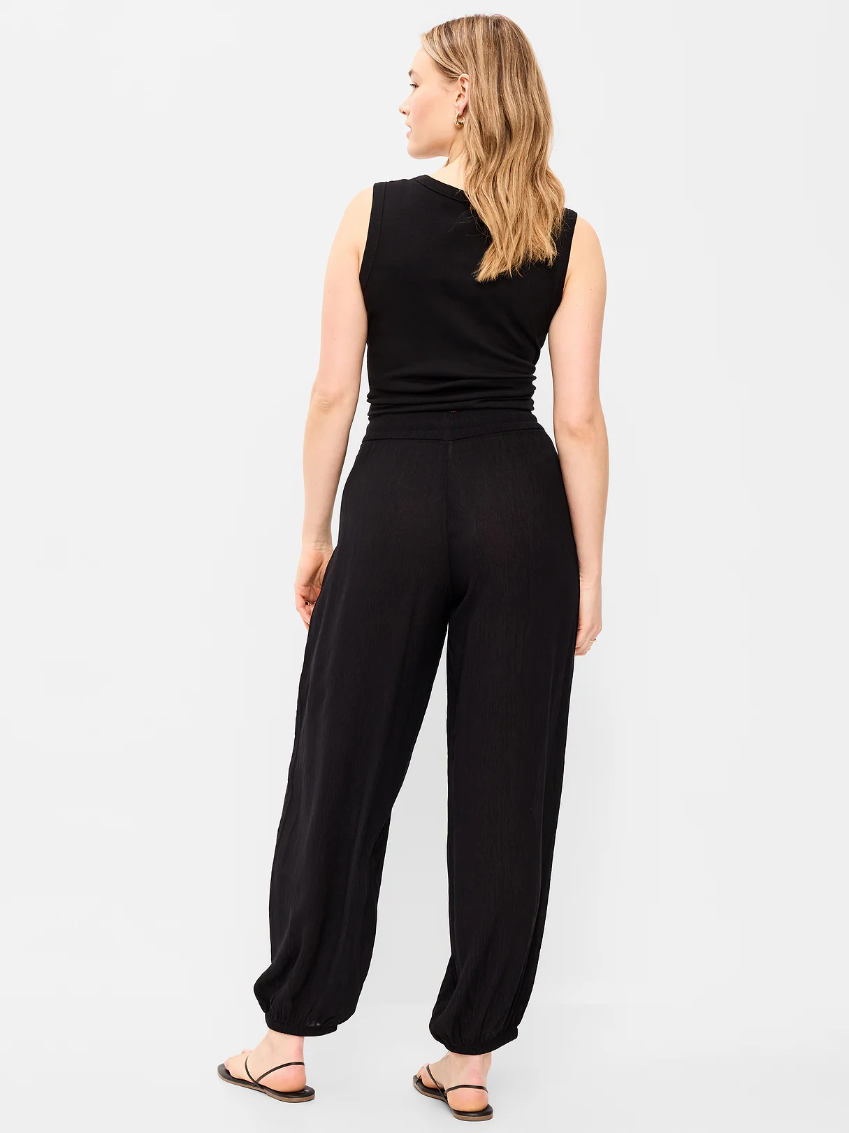 High-Waisted Sheer Crinkle Crepe Harem Pants - Black Jack