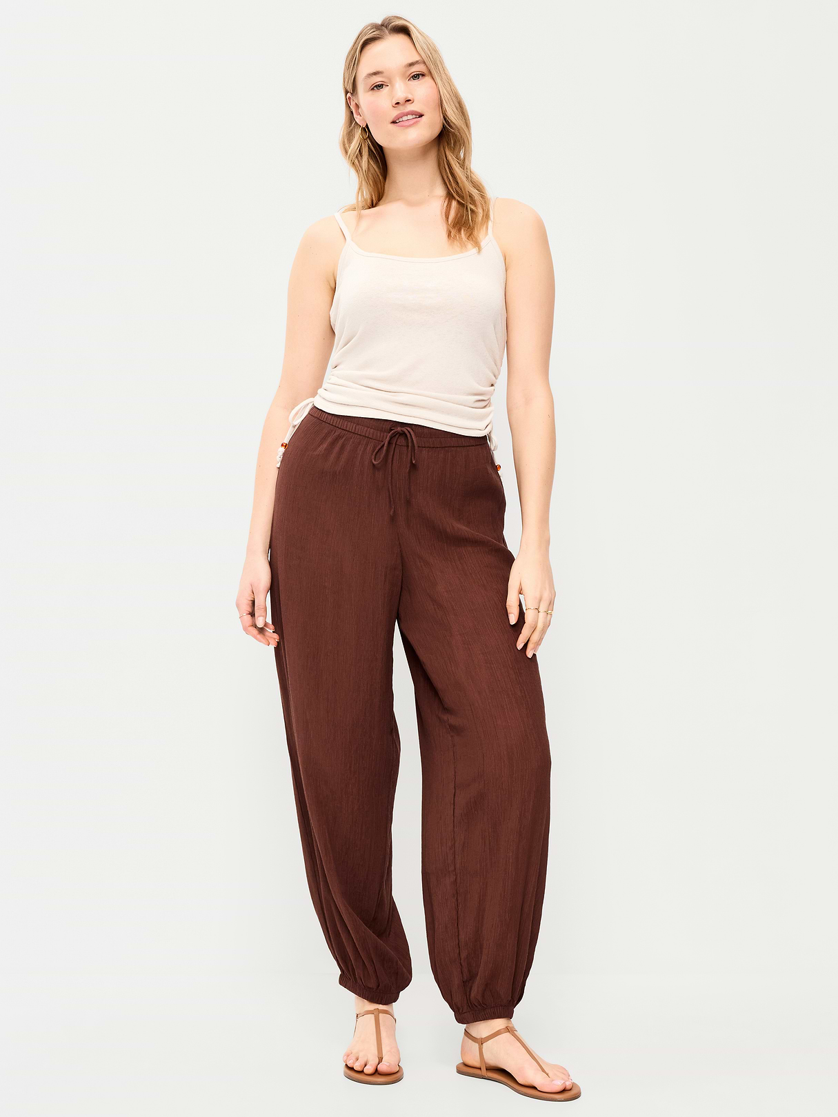High-Waisted Sheer Crinkle Crepe Harem Pants - Peppercorn