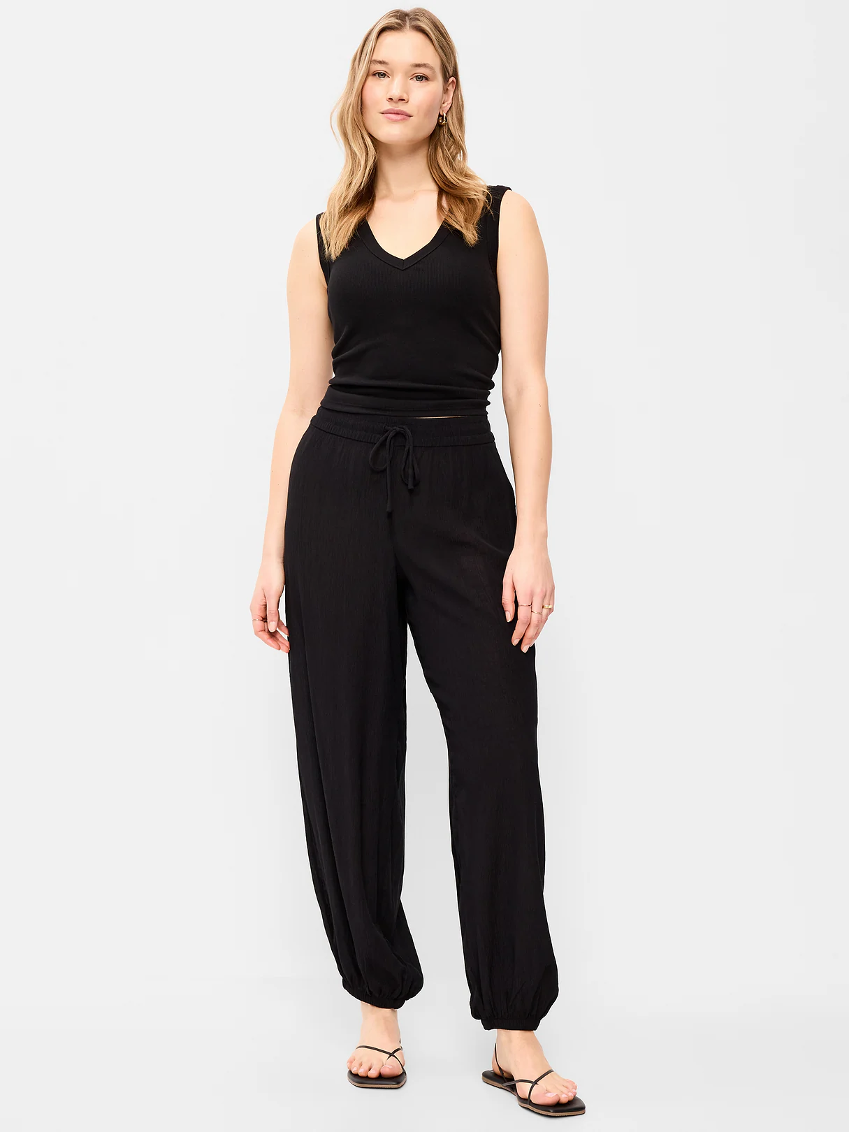 High-Waisted Sheer Crinkle Crepe Harem Pants - Black Jack