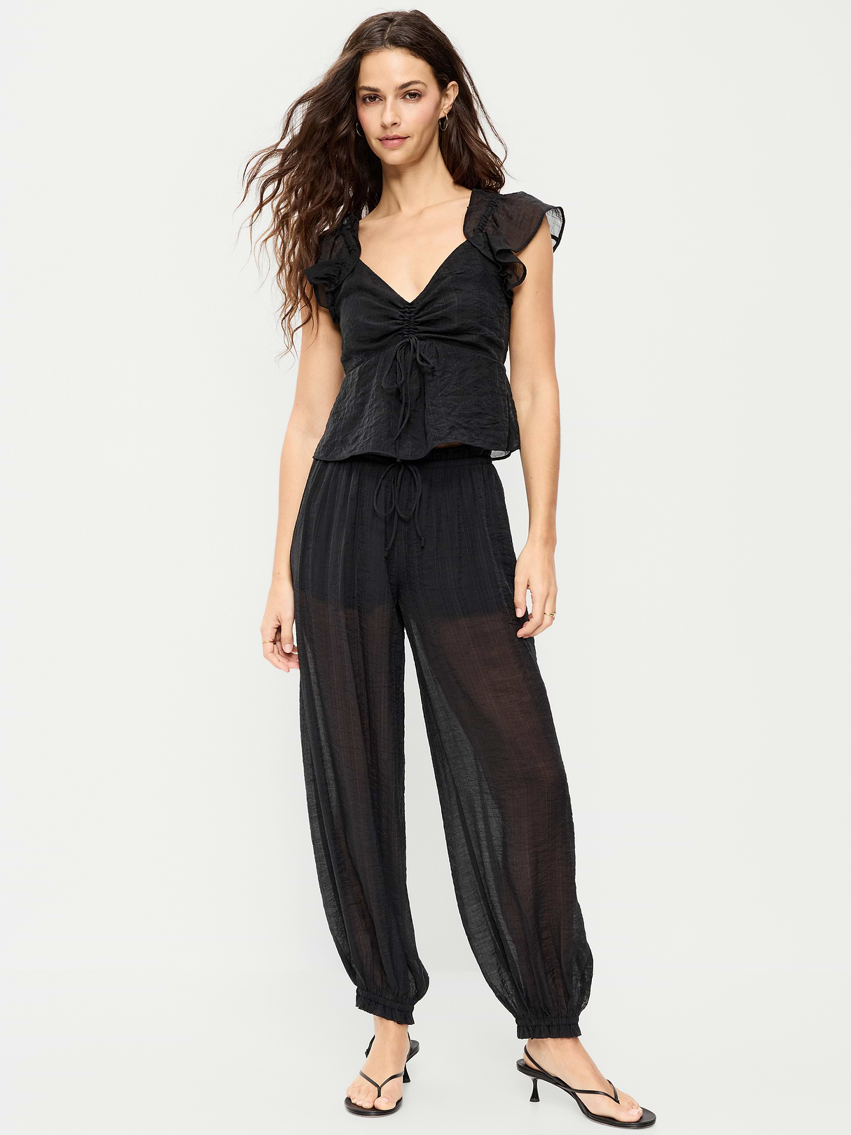 High-Waisted Sheer Chiffon Harem Pants - Black Jack