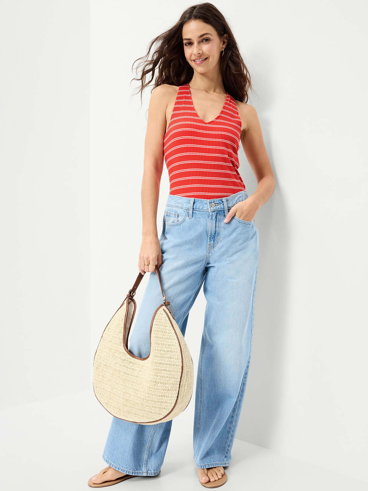 Ribbed Loop-Back Halter Top - Red Stripe