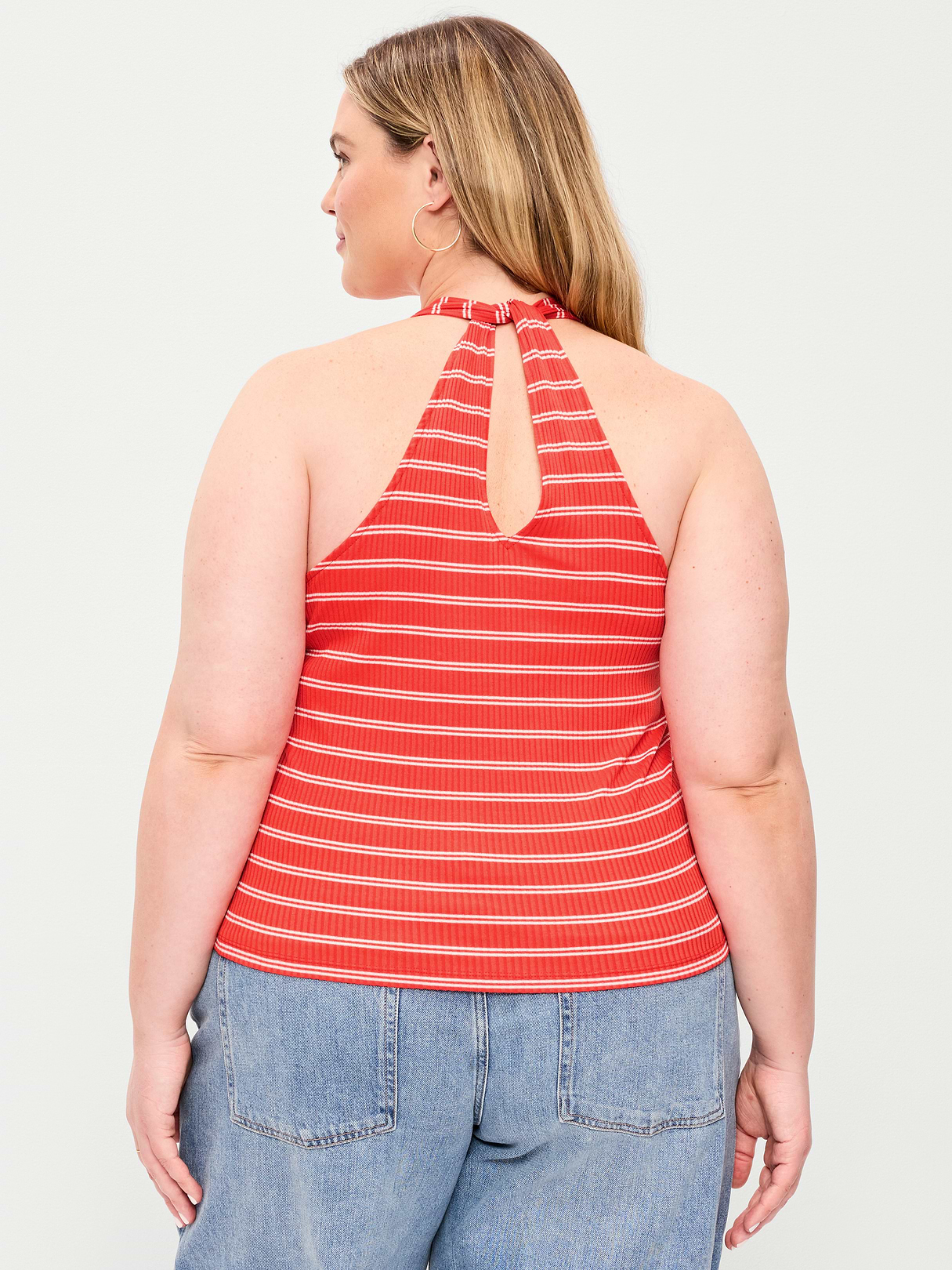 Ribbed Loop-Back Halter Top - Red Stripe