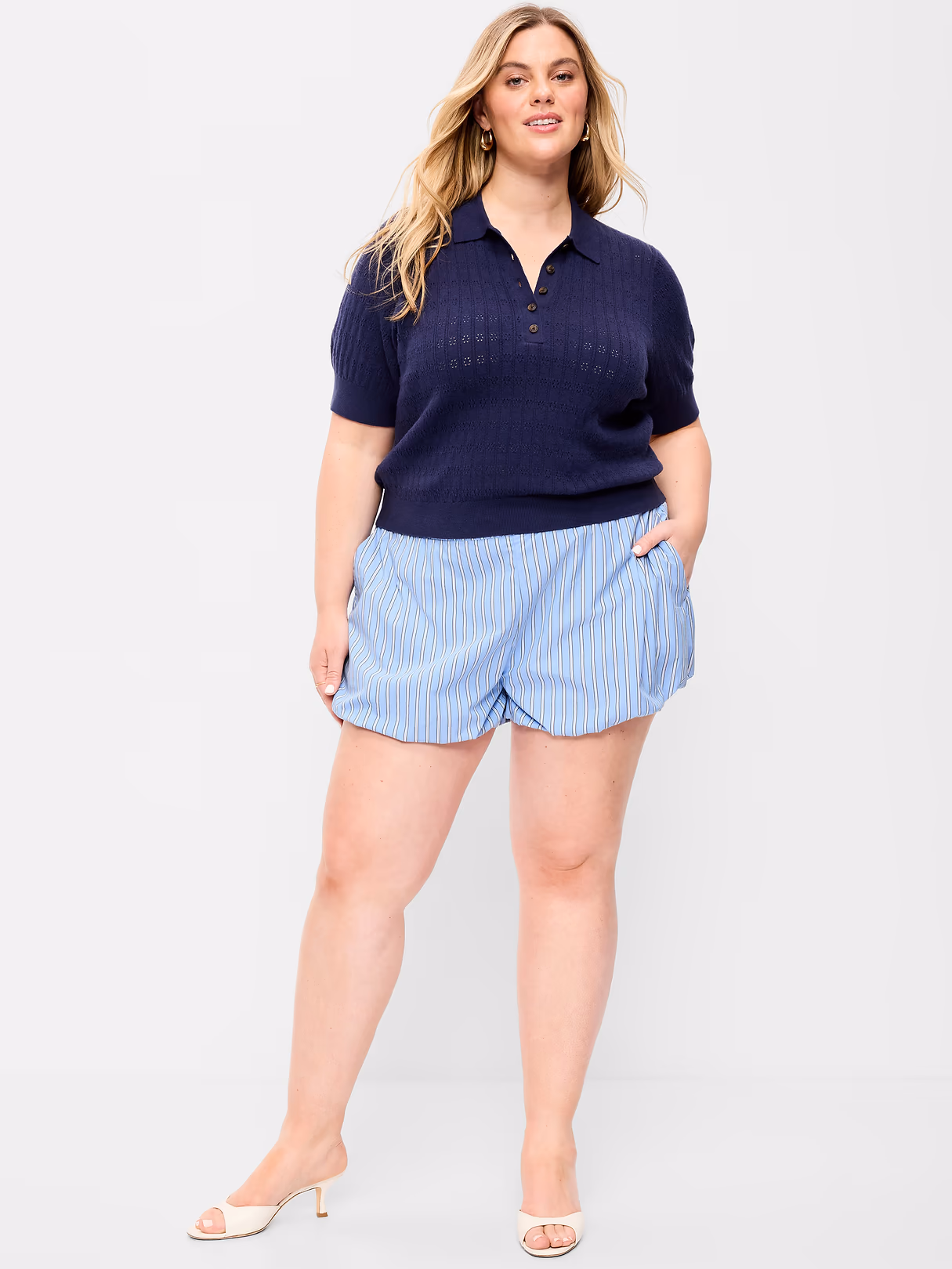 Poplin Bubble Hem Shorts - Blue Stripe