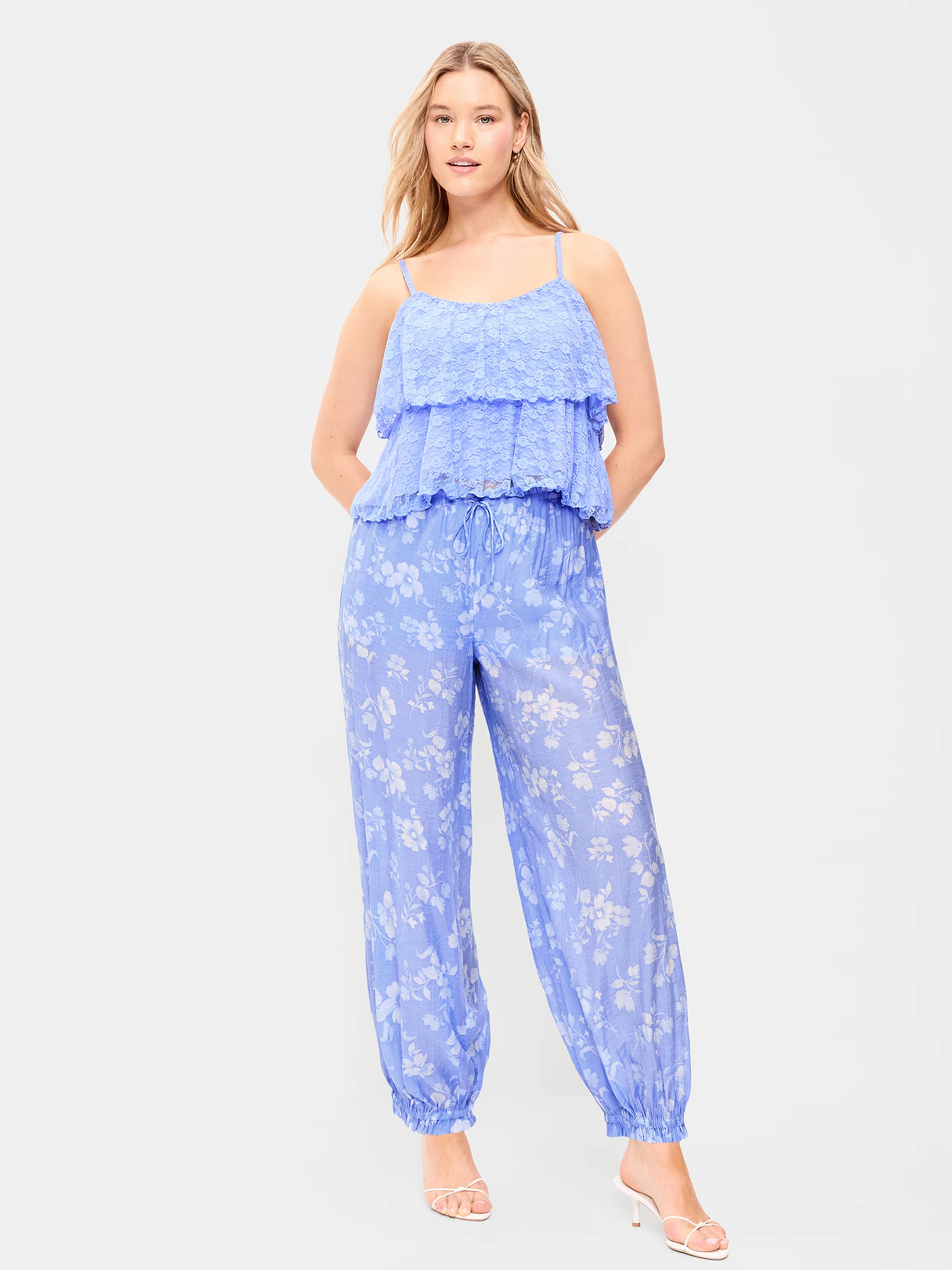 High-Waisted Sheer Chiffon Harem Pants - Blue Floral