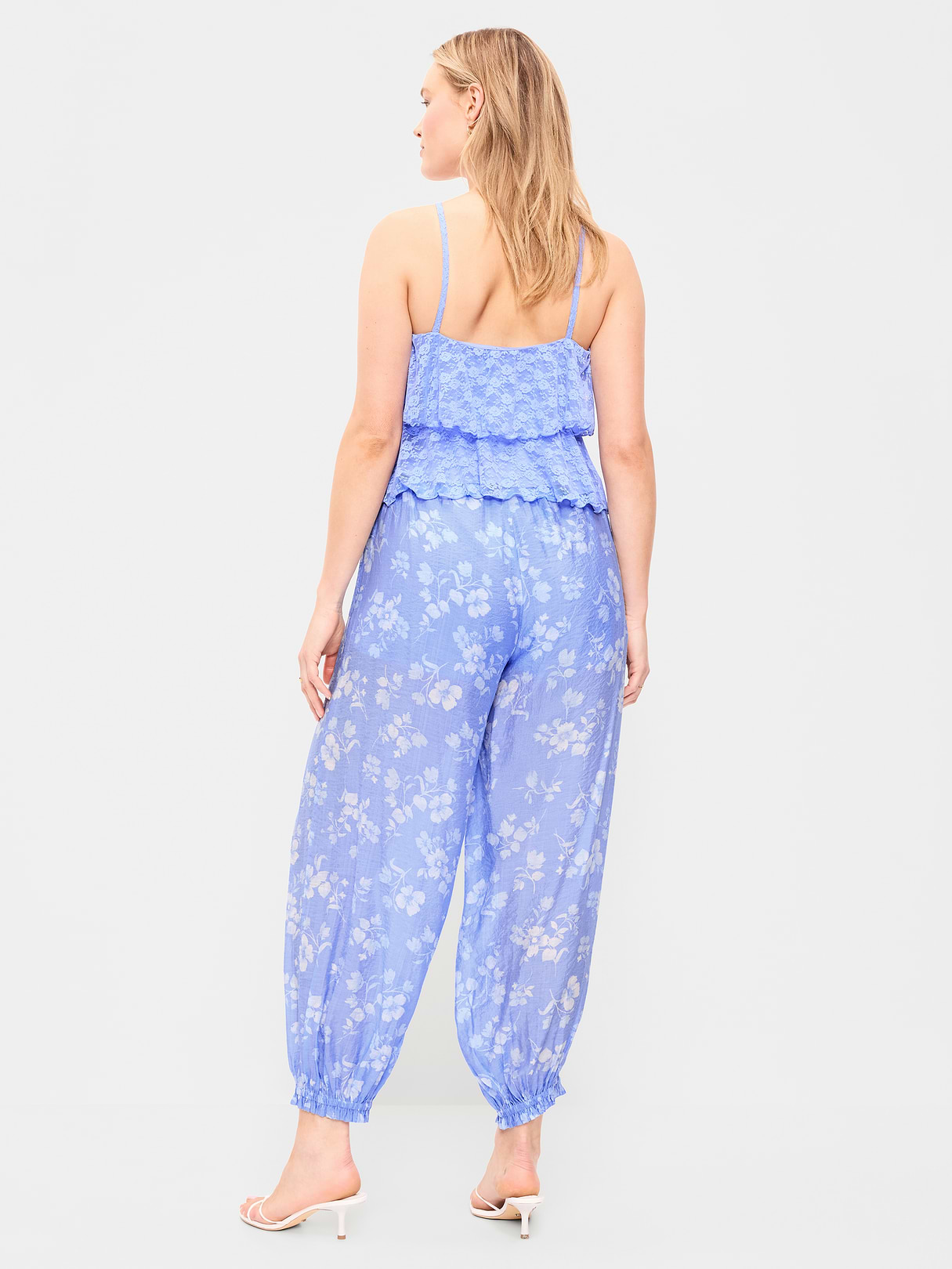 High-Waisted Sheer Chiffon Harem Pants - Blue Floral