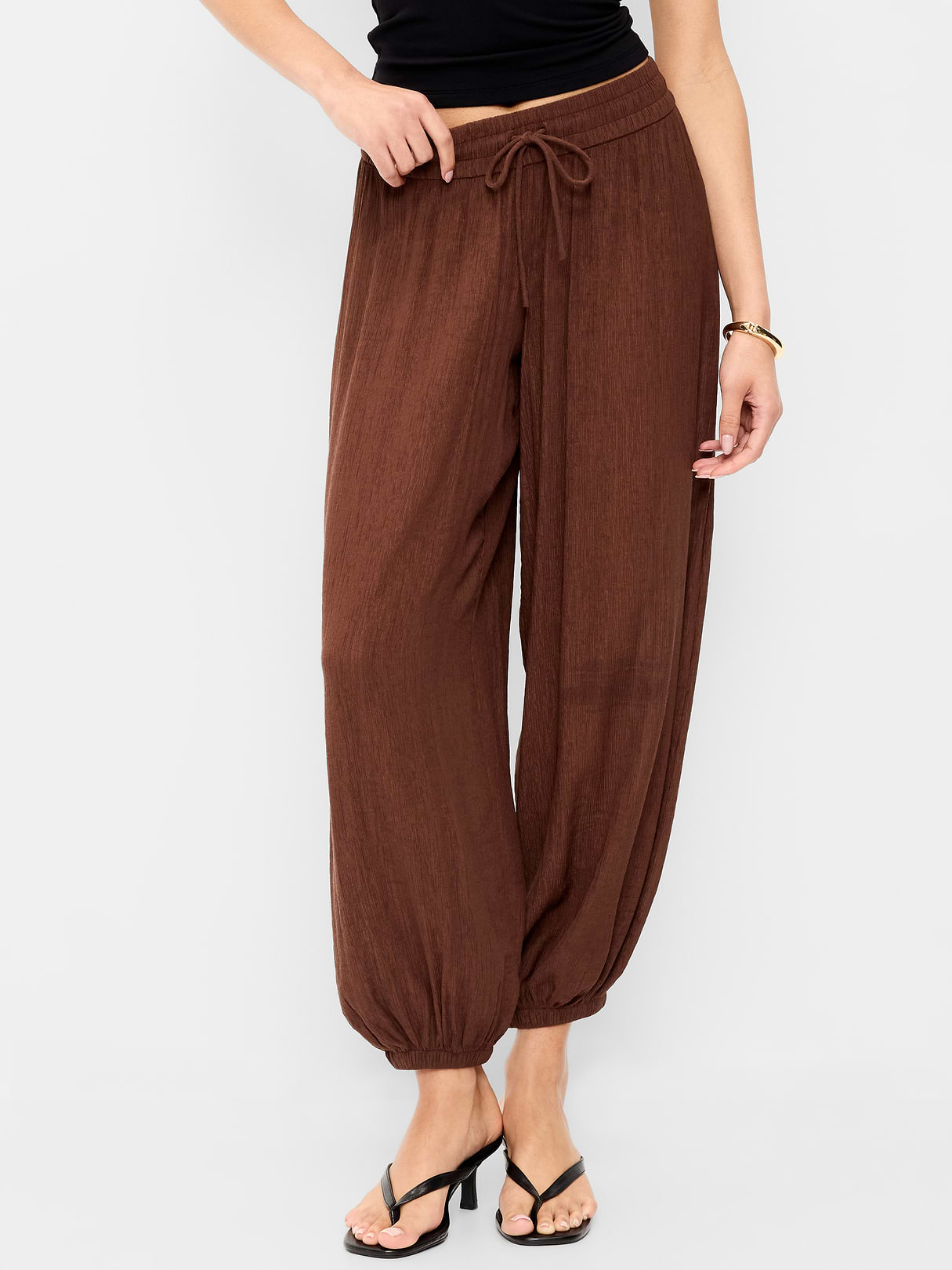 High-Waisted Sheer Crinkle Crepe Harem Pants - Peppercorn