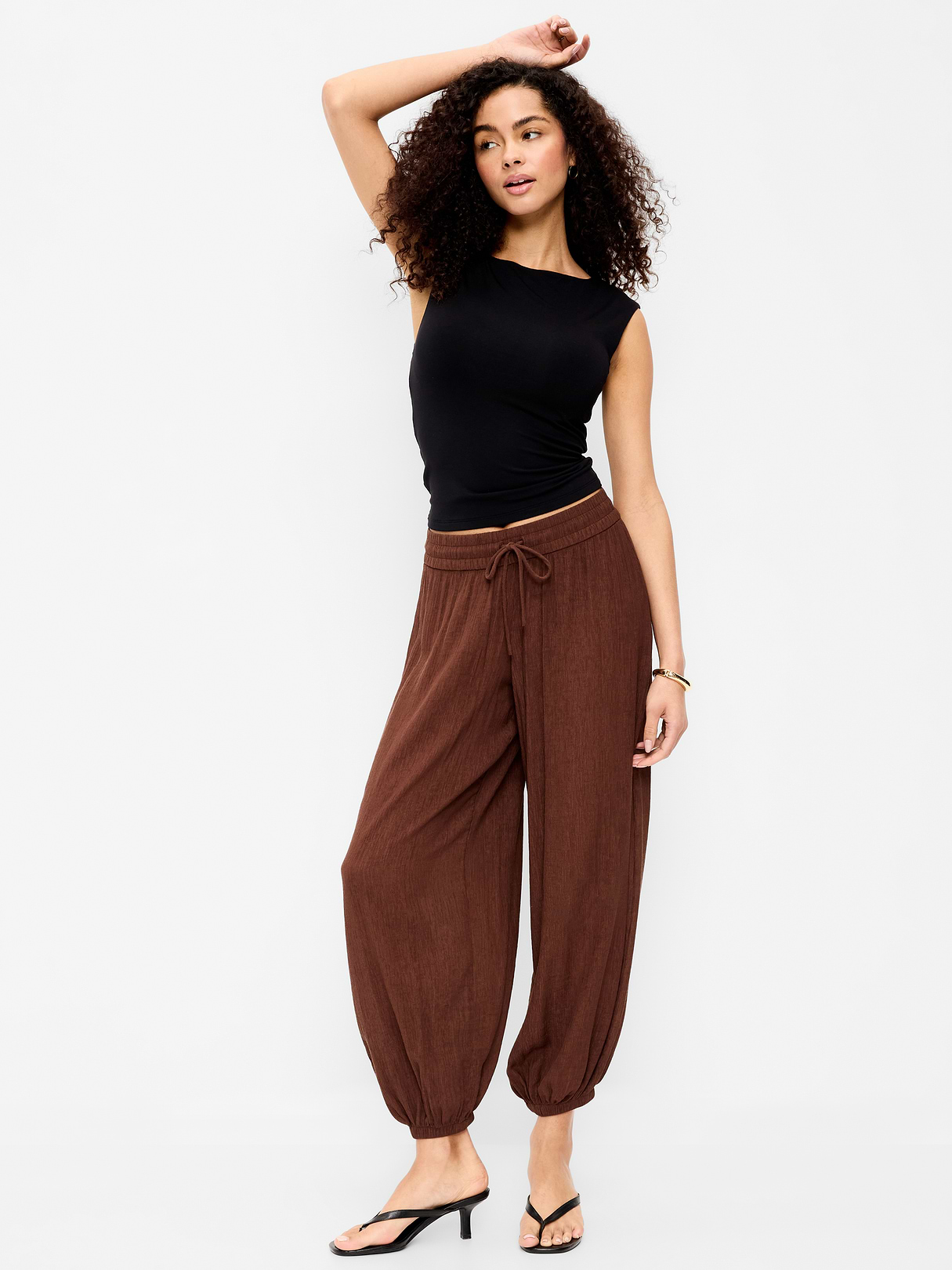 High-Waisted Sheer Crinkle Crepe Harem Pants - Peppercorn