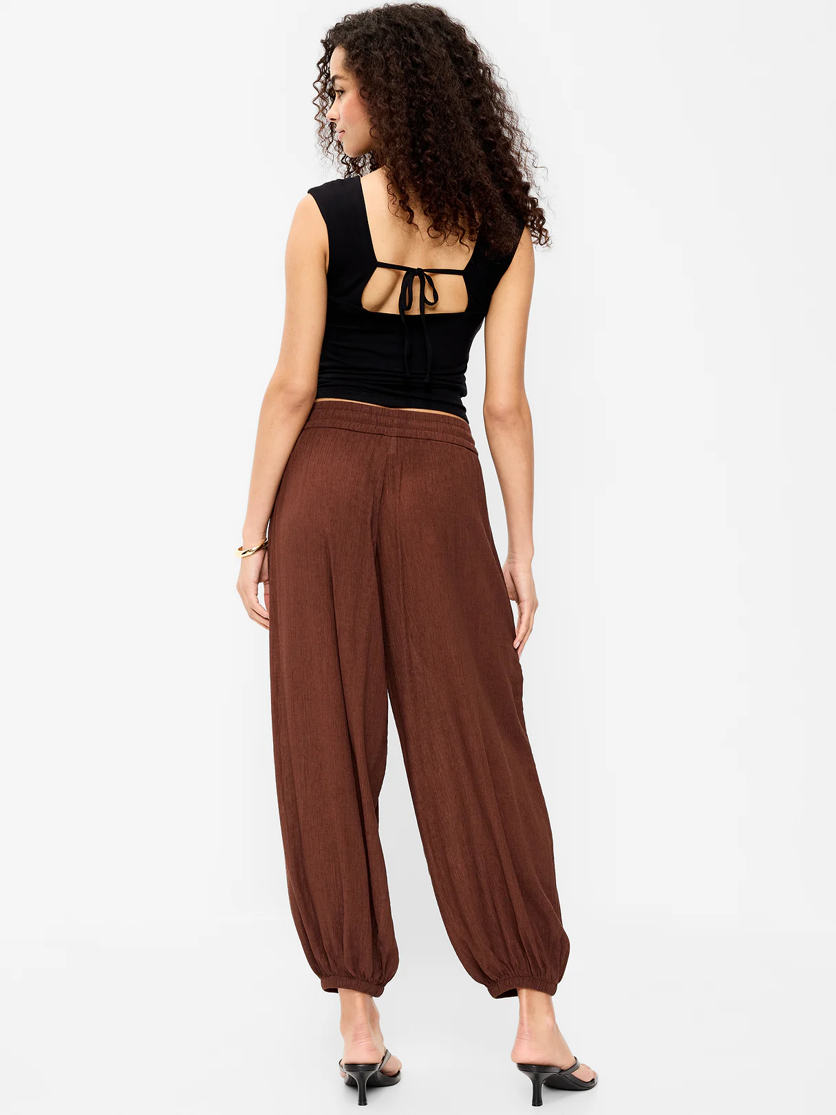 High-Waisted Sheer Crinkle Crepe Harem Pants - Peppercorn
