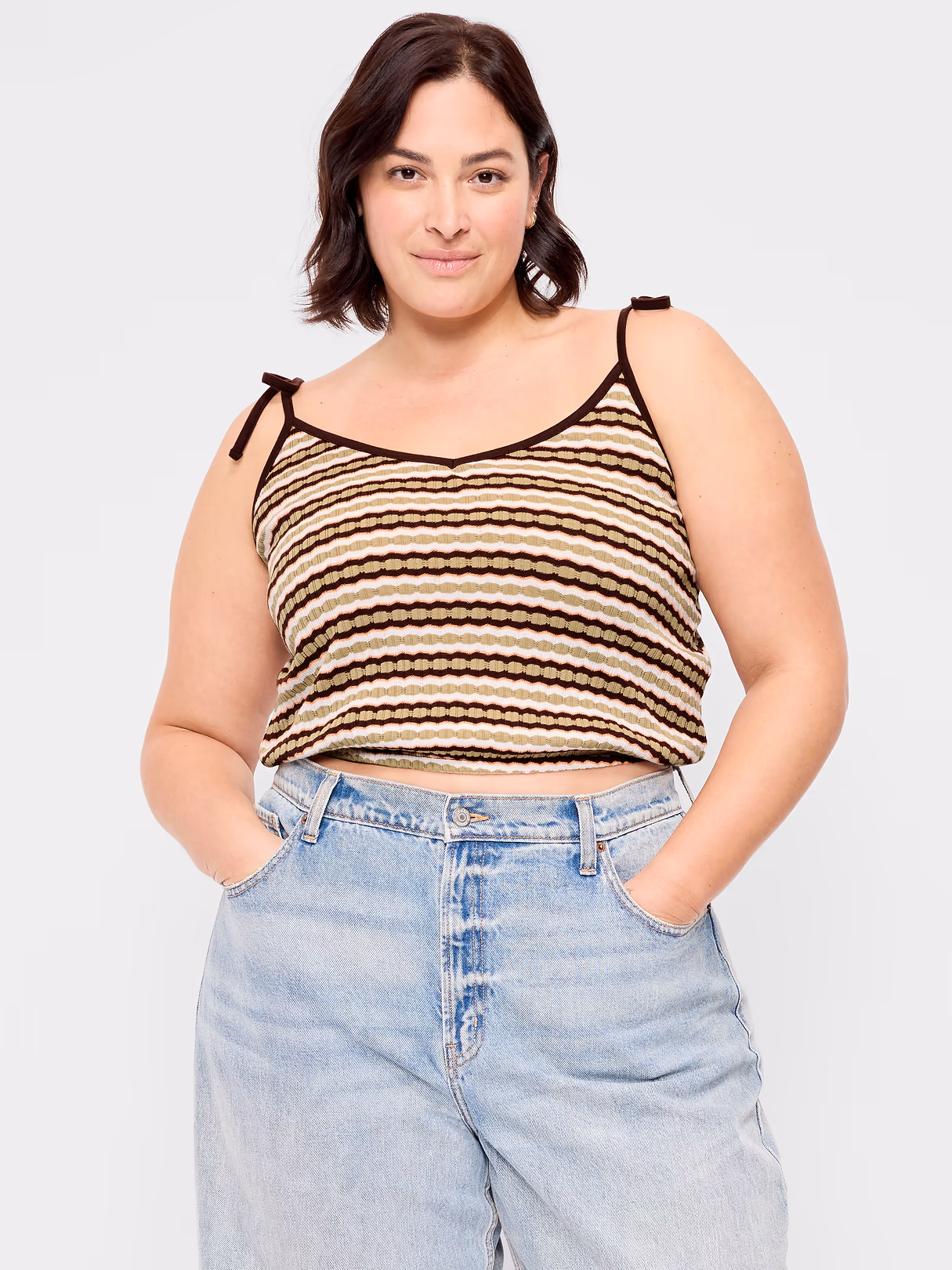 Sleeveless Pointelle Tie-Strap Tank Top - Khaki Orange Stripe