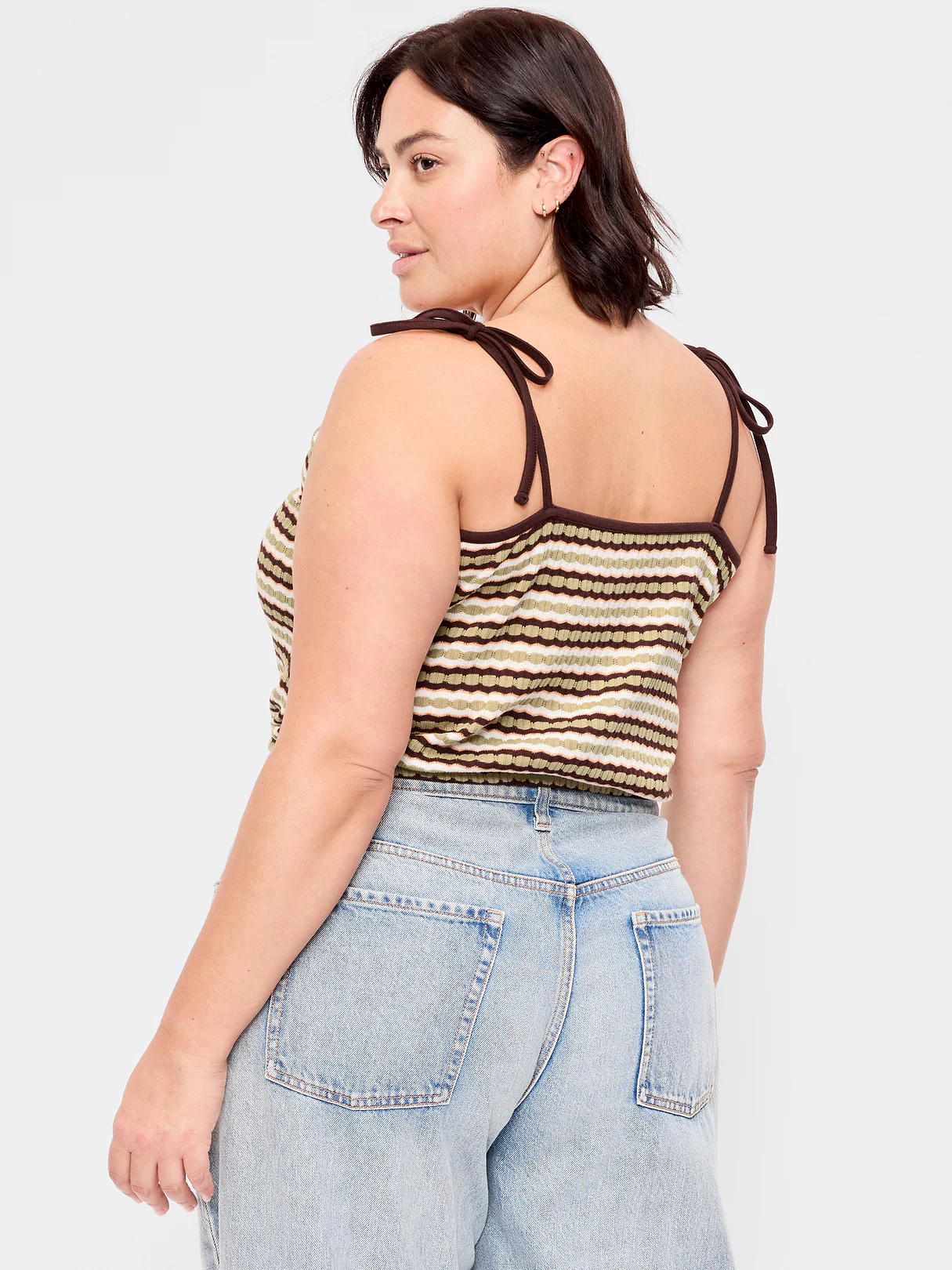 Sleeveless Pointelle Tie-Strap Tank Top - Khaki Orange Stripe