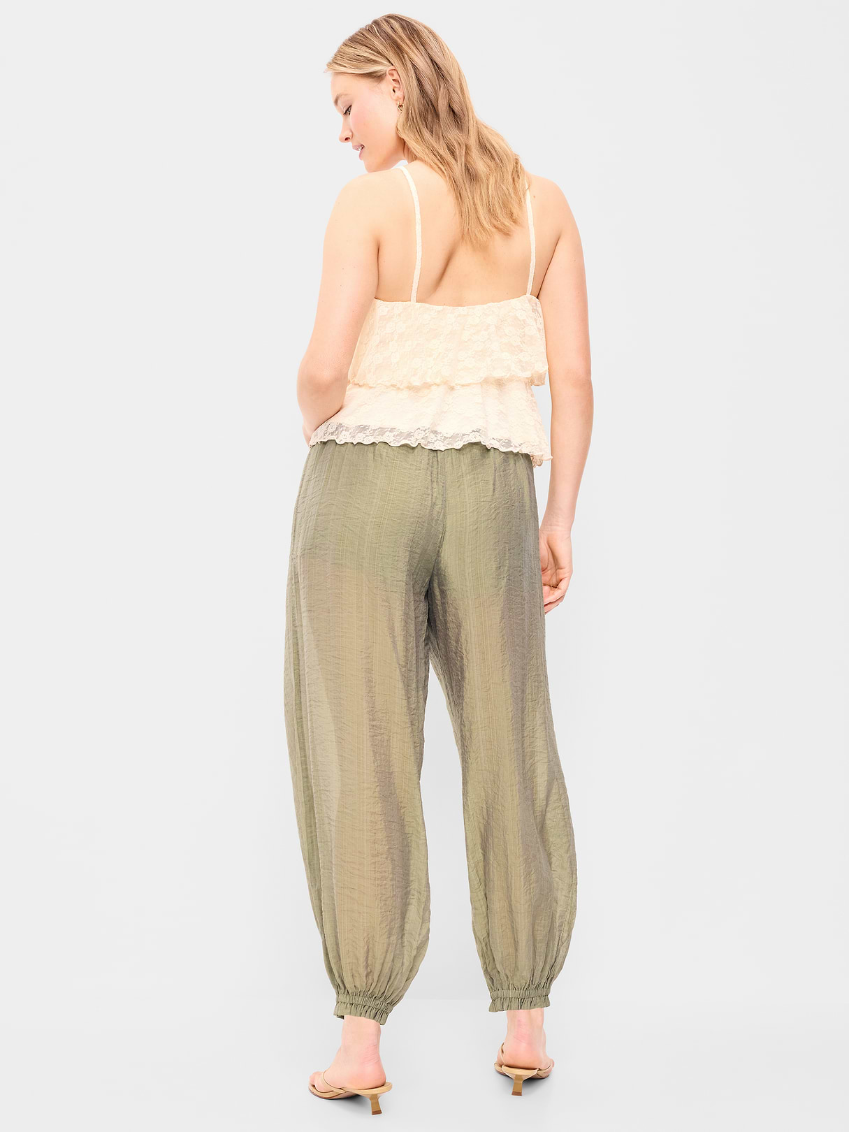 High-Waisted Sheer Chiffon Harem Pants - Dried Grasses
