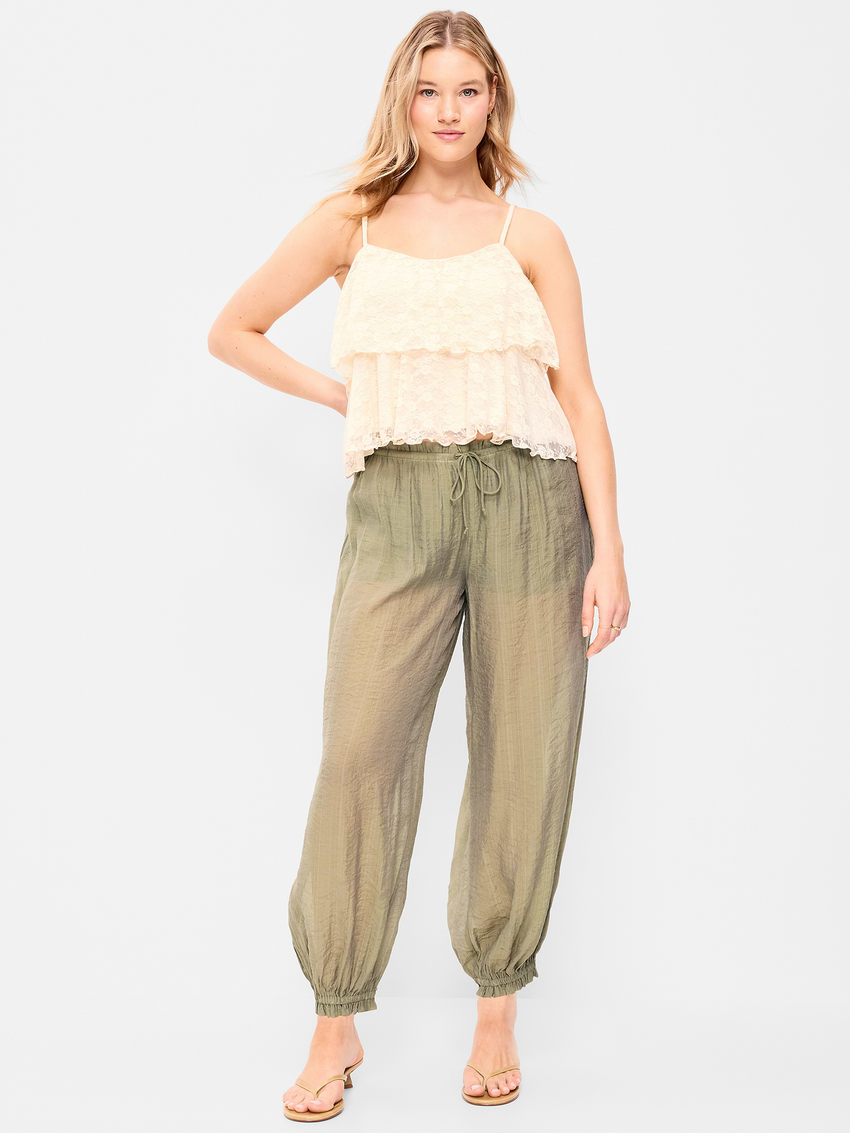 High-Waisted Sheer Chiffon Harem Pants - Dried Grasses