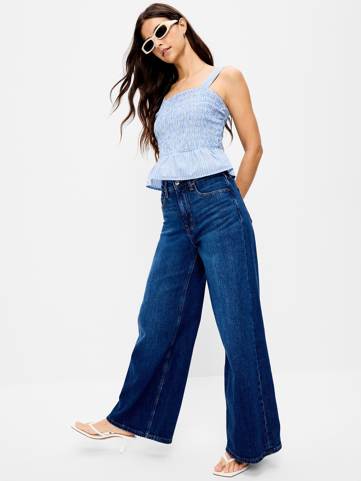 Smocked Peplum Tank Top - Blue Stripe
