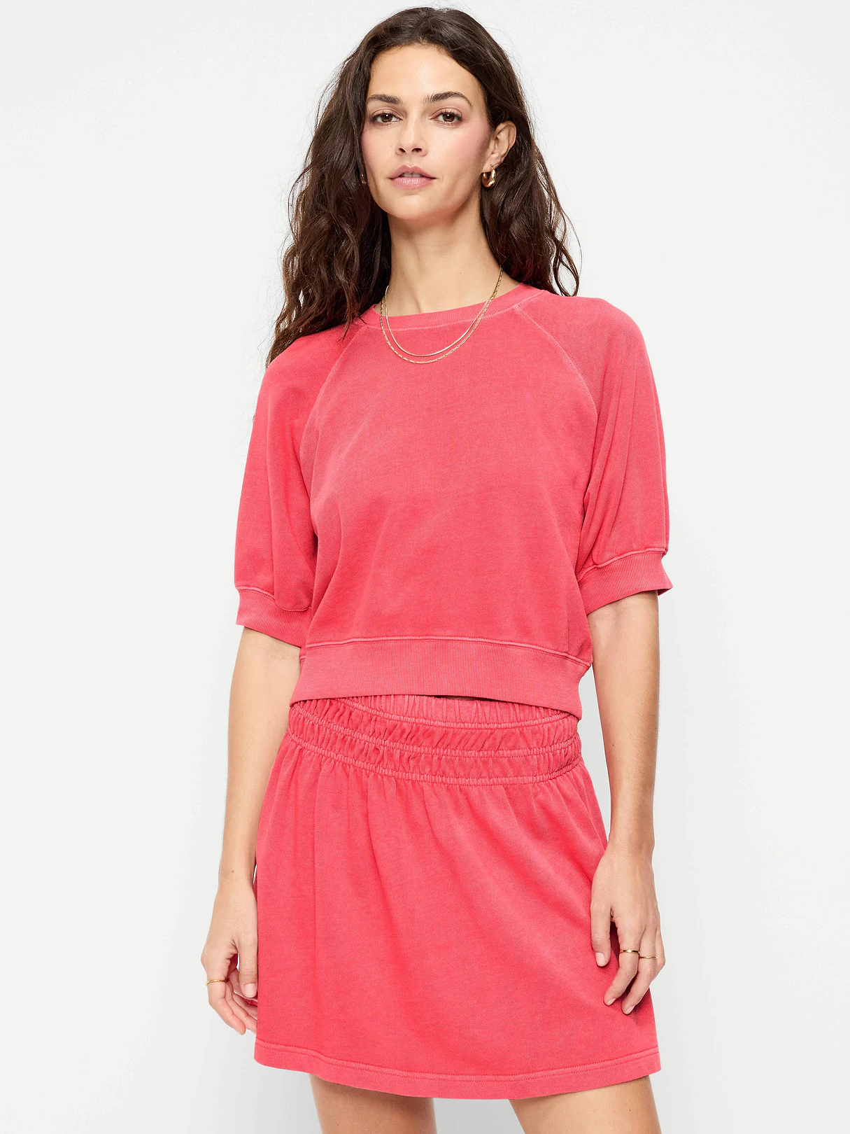 Short-Sleeve Cropped Raglan Sweatshirt - Red Buttons