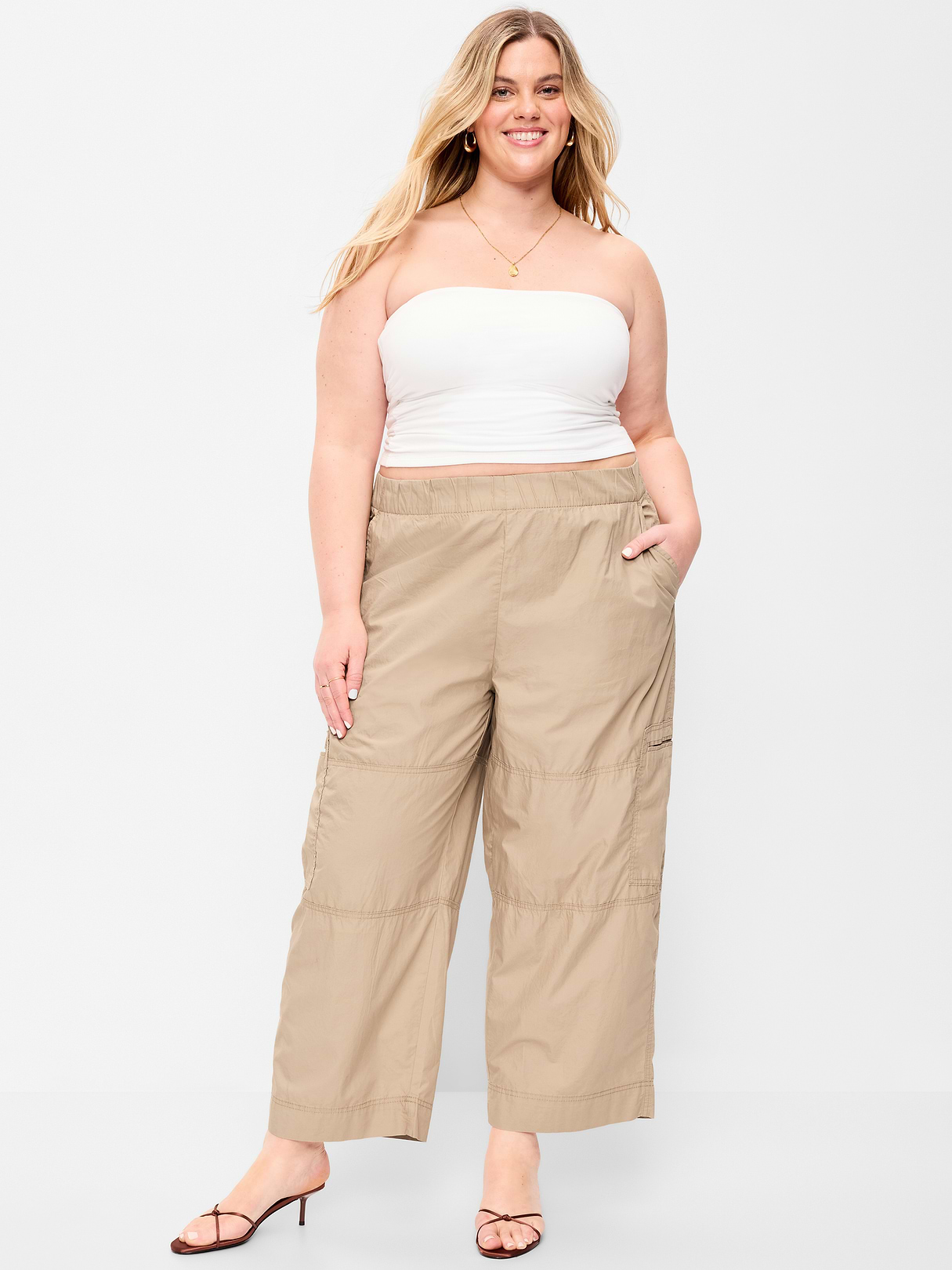 Mid-Rise Cropped Barrel-Leg Utility Pants - Toasted Almond