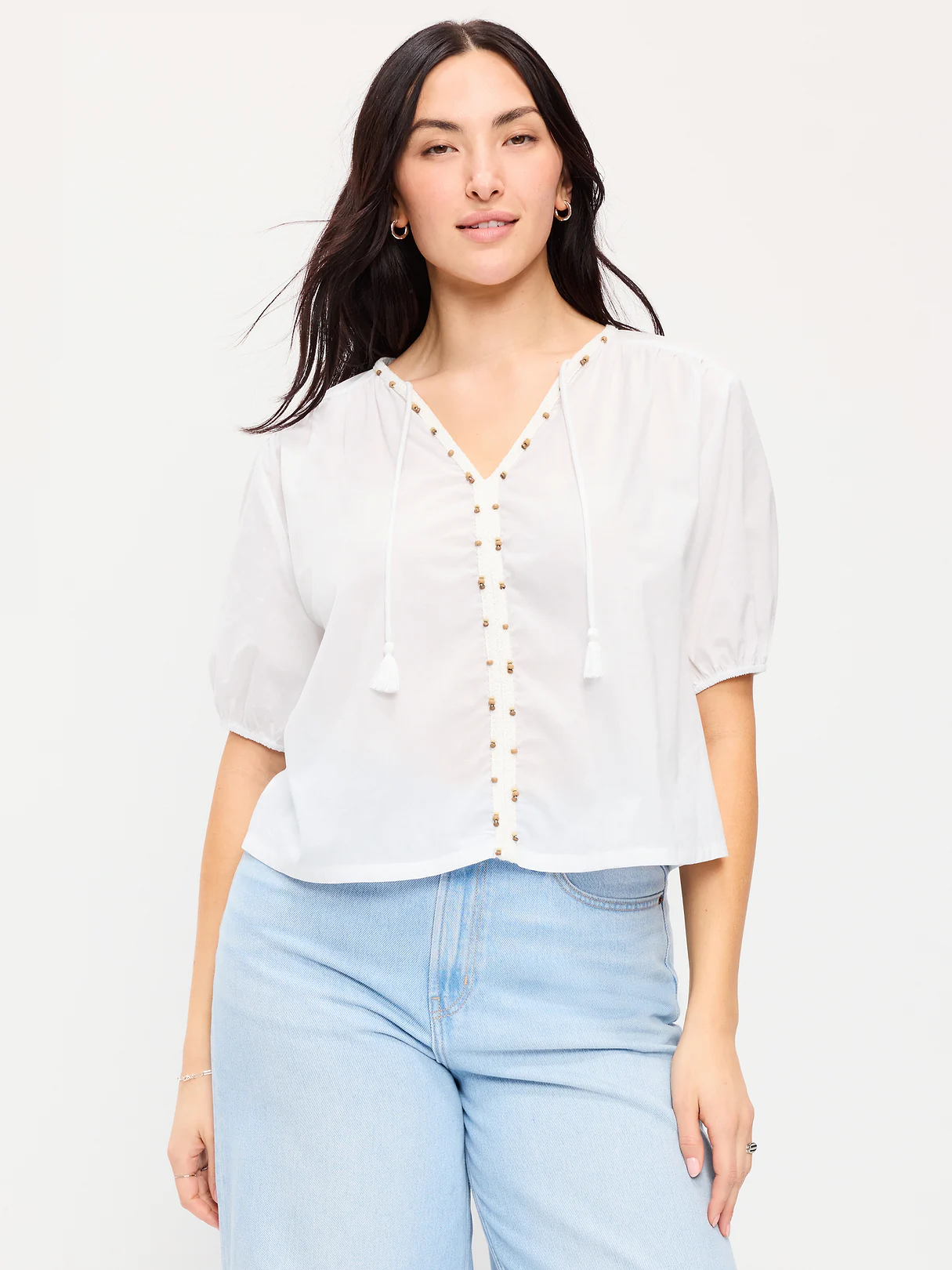 Short-Sleeve Beaded Top - White Lilies