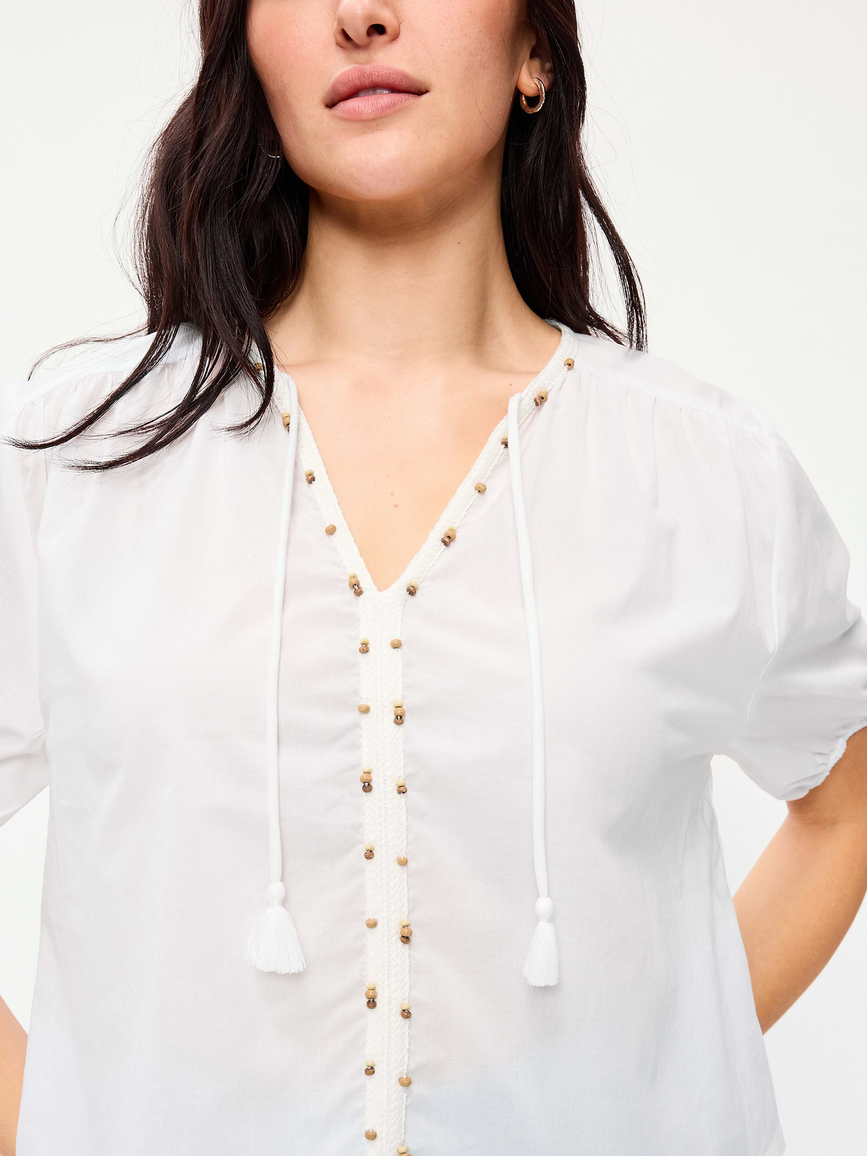 Short-Sleeve Beaded Top - White Lilies