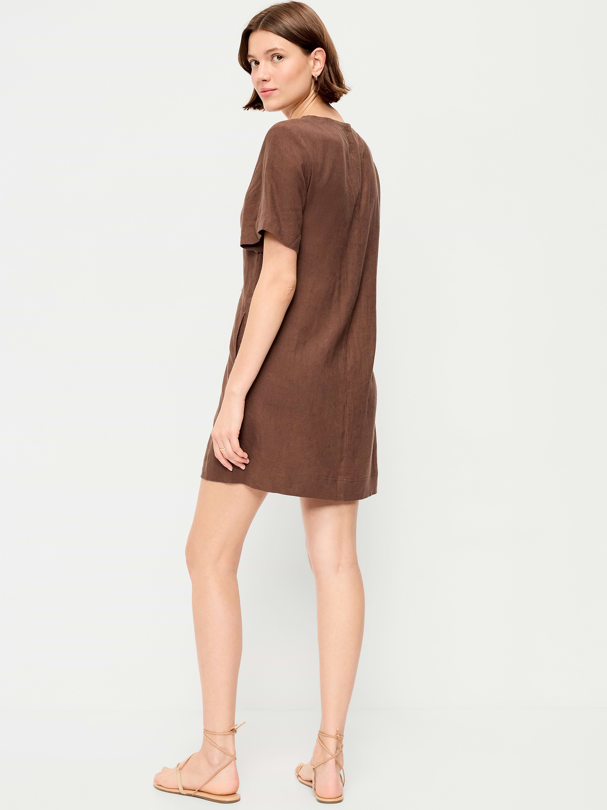 Short-Sleeve Linen-Blend Mini Shift Dress - Peppercorn