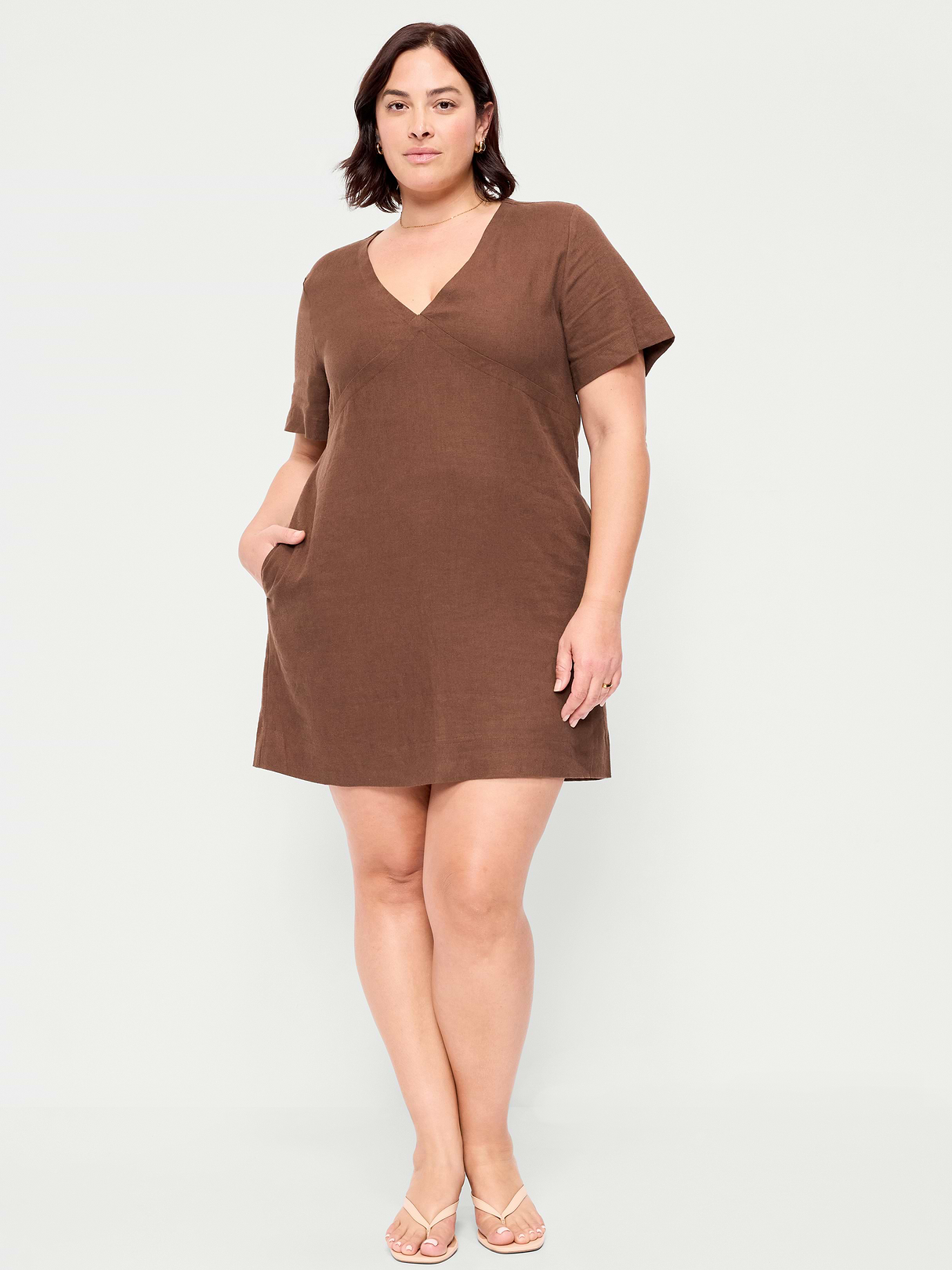 Short-Sleeve Linen-Blend Mini Shift Dress - Peppercorn