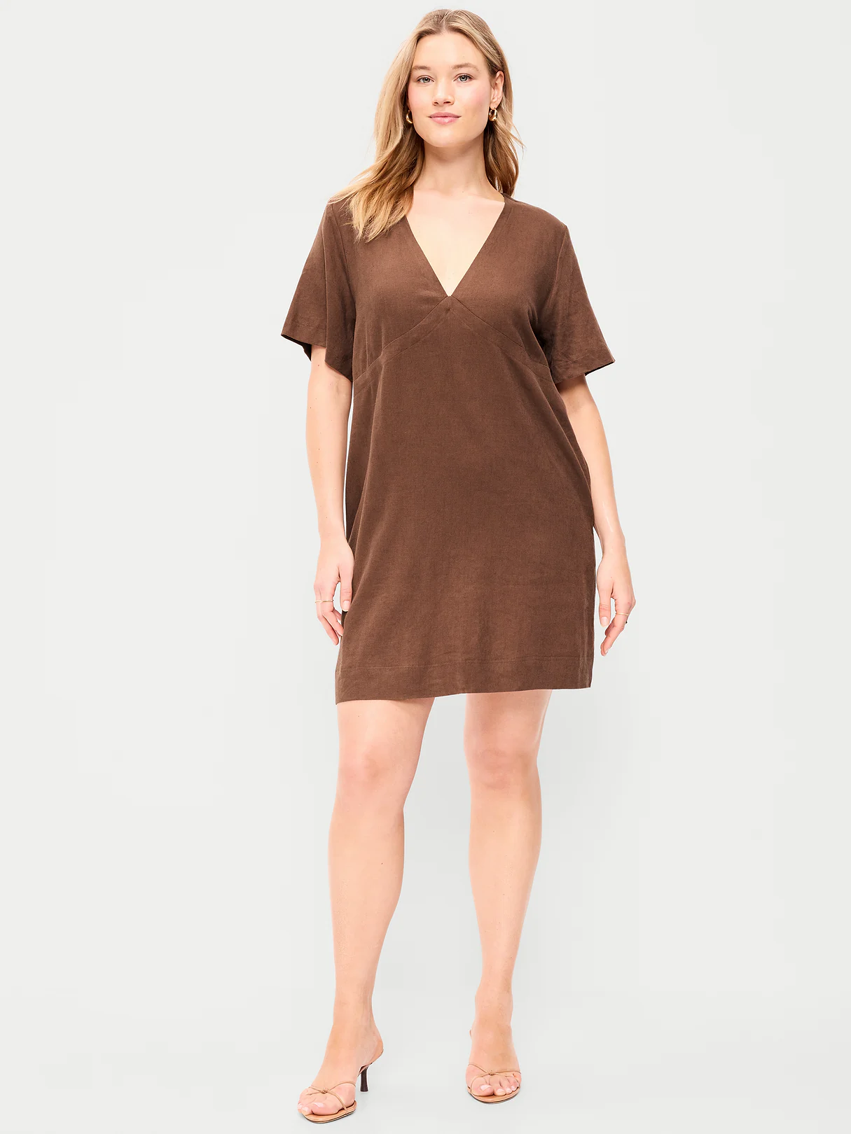 Short-Sleeve Linen-Blend Mini Shift Dress - Peppercorn