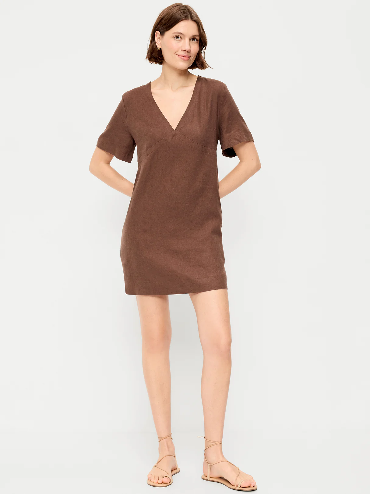 Short-Sleeve Linen-Blend Mini Shift Dress - Peppercorn