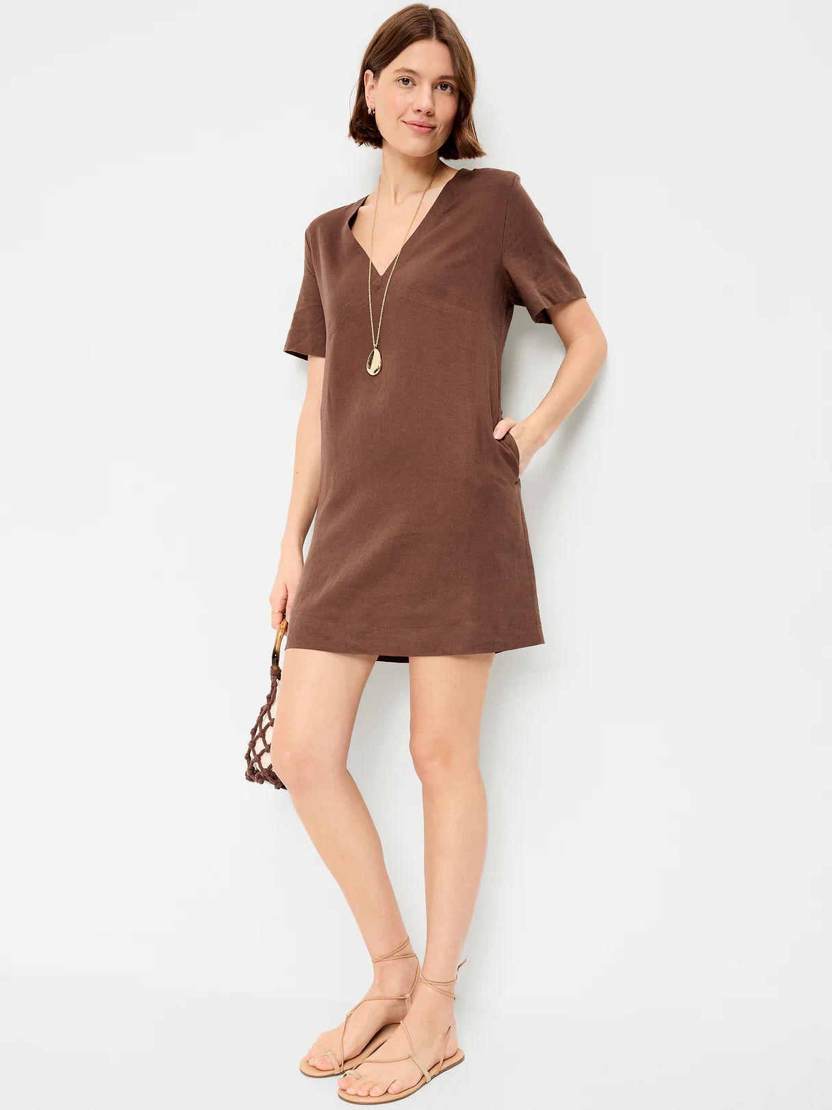 Short-Sleeve Linen-Blend Mini Shift Dress - Peppercorn