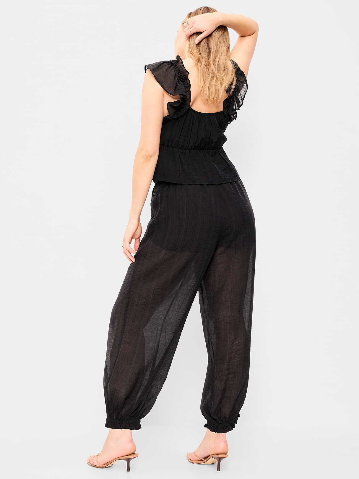 High-Waisted Sheer Chiffon Harem Pants - Black Jack