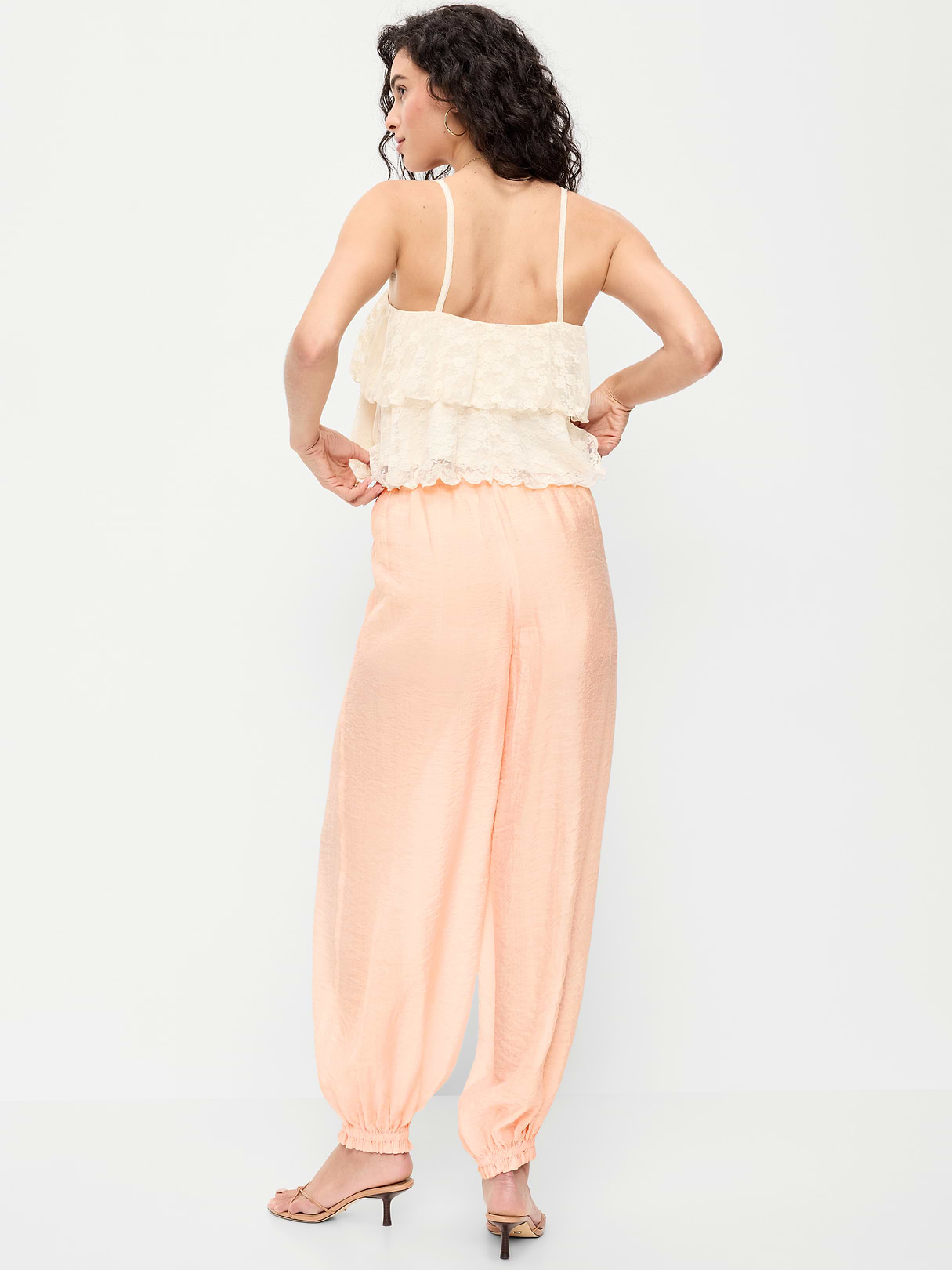 High-Waisted Sheer Chiffon Harem Pants - Peach Gelato