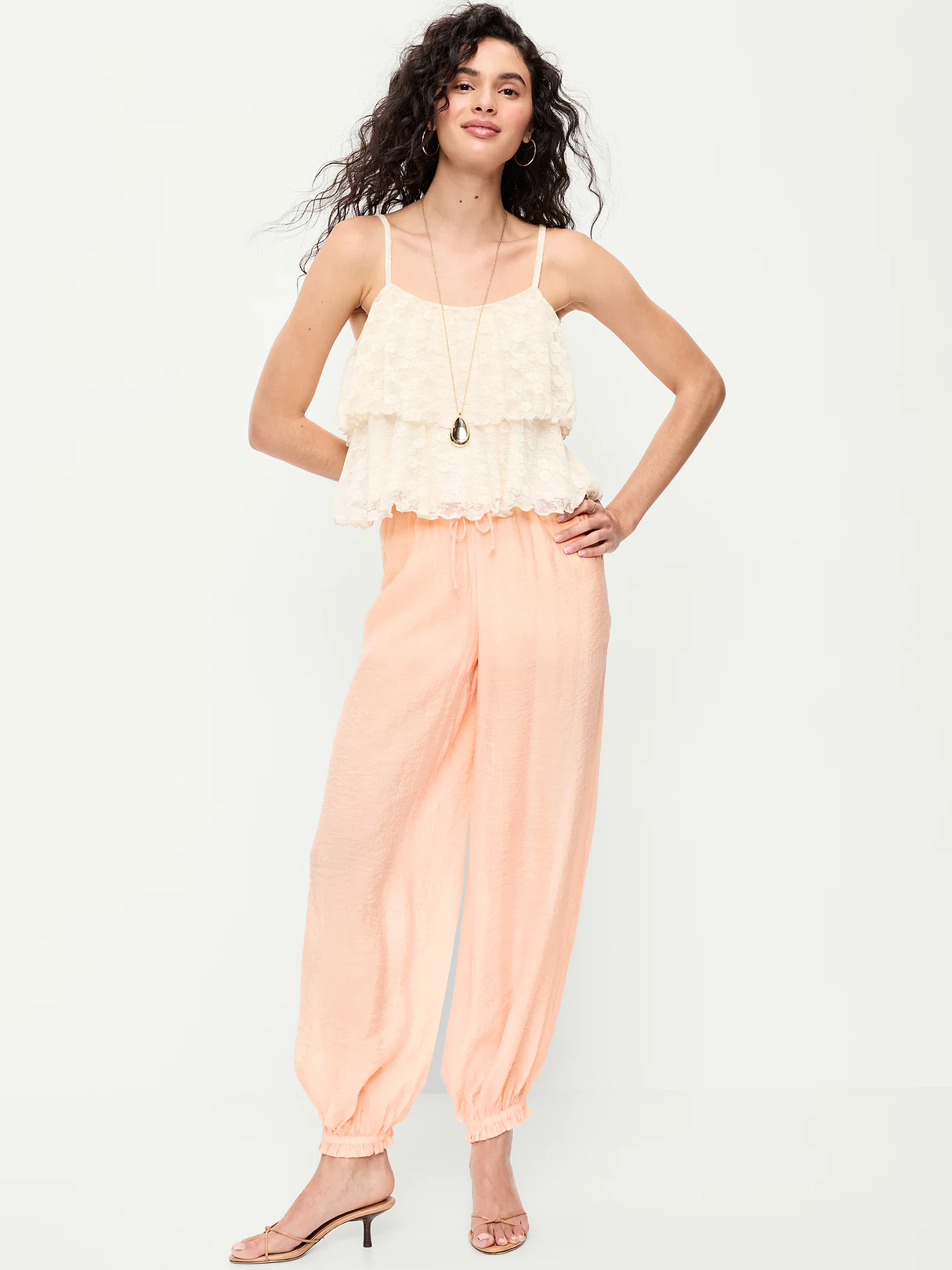 High-Waisted Sheer Chiffon Harem Pants - Peach Gelato