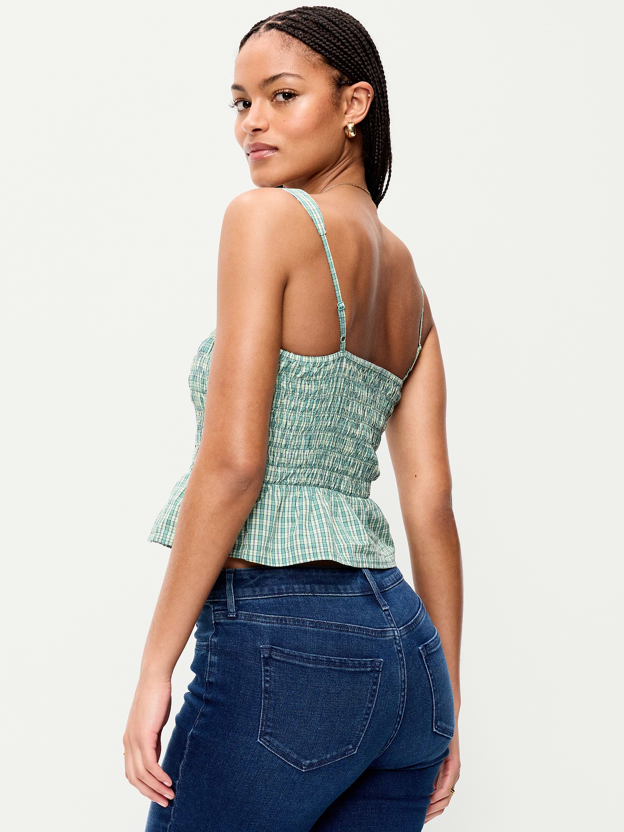 Smocked Peplum Tank Top - Green Gingham