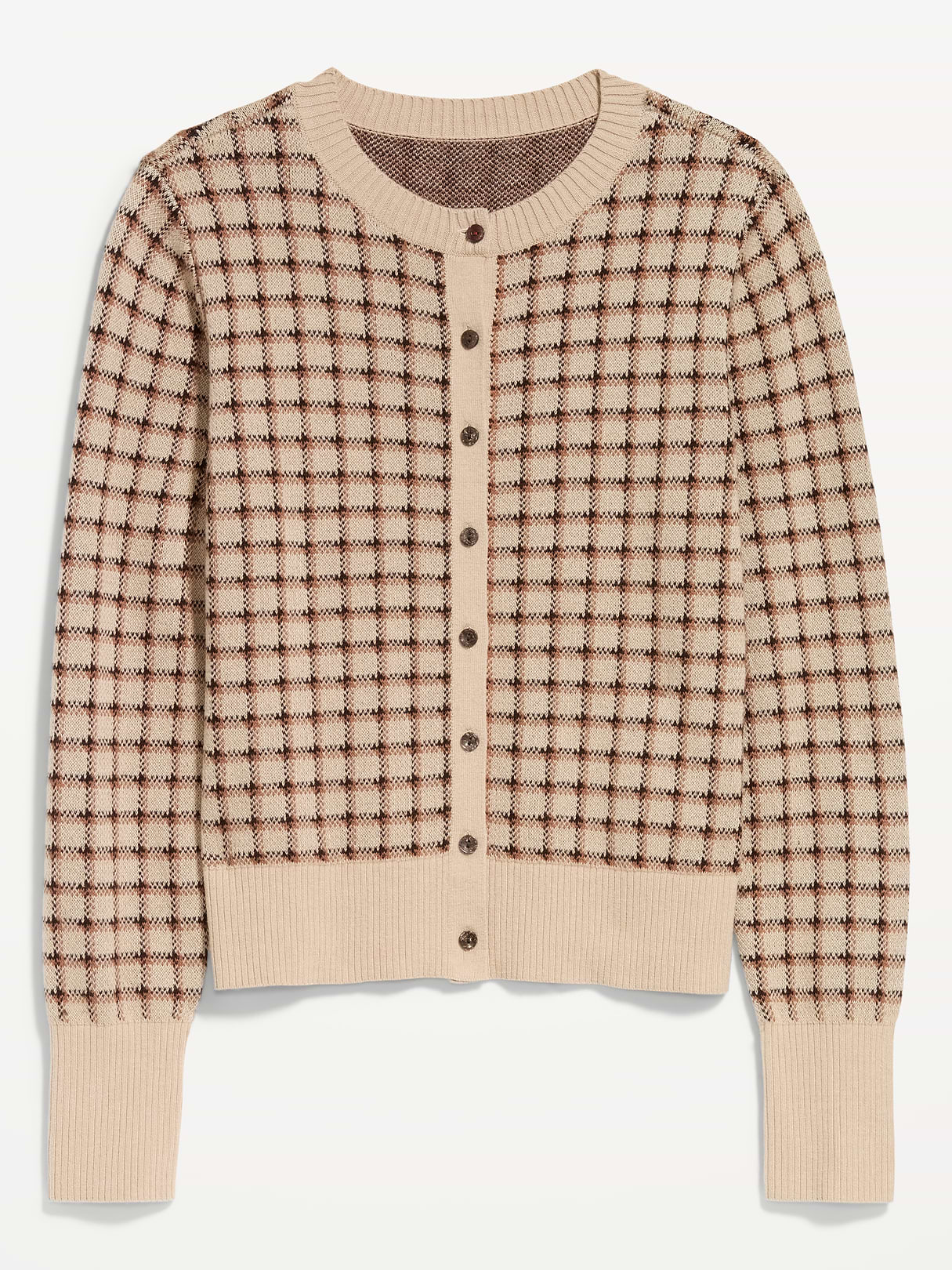 SoSoft Cropped Crew-Neck Cardigan - Neutral Plaid