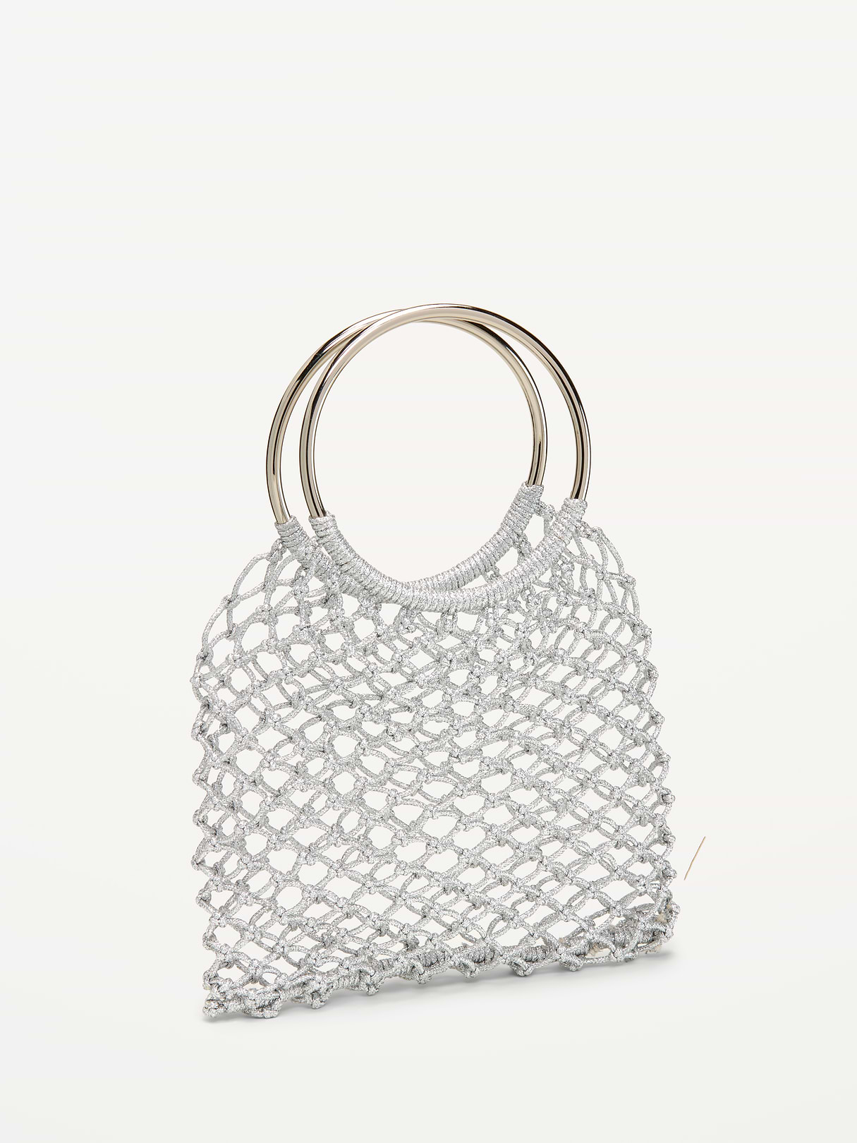 Metallic Crochet Ring Handle Bag - Silvery Silver