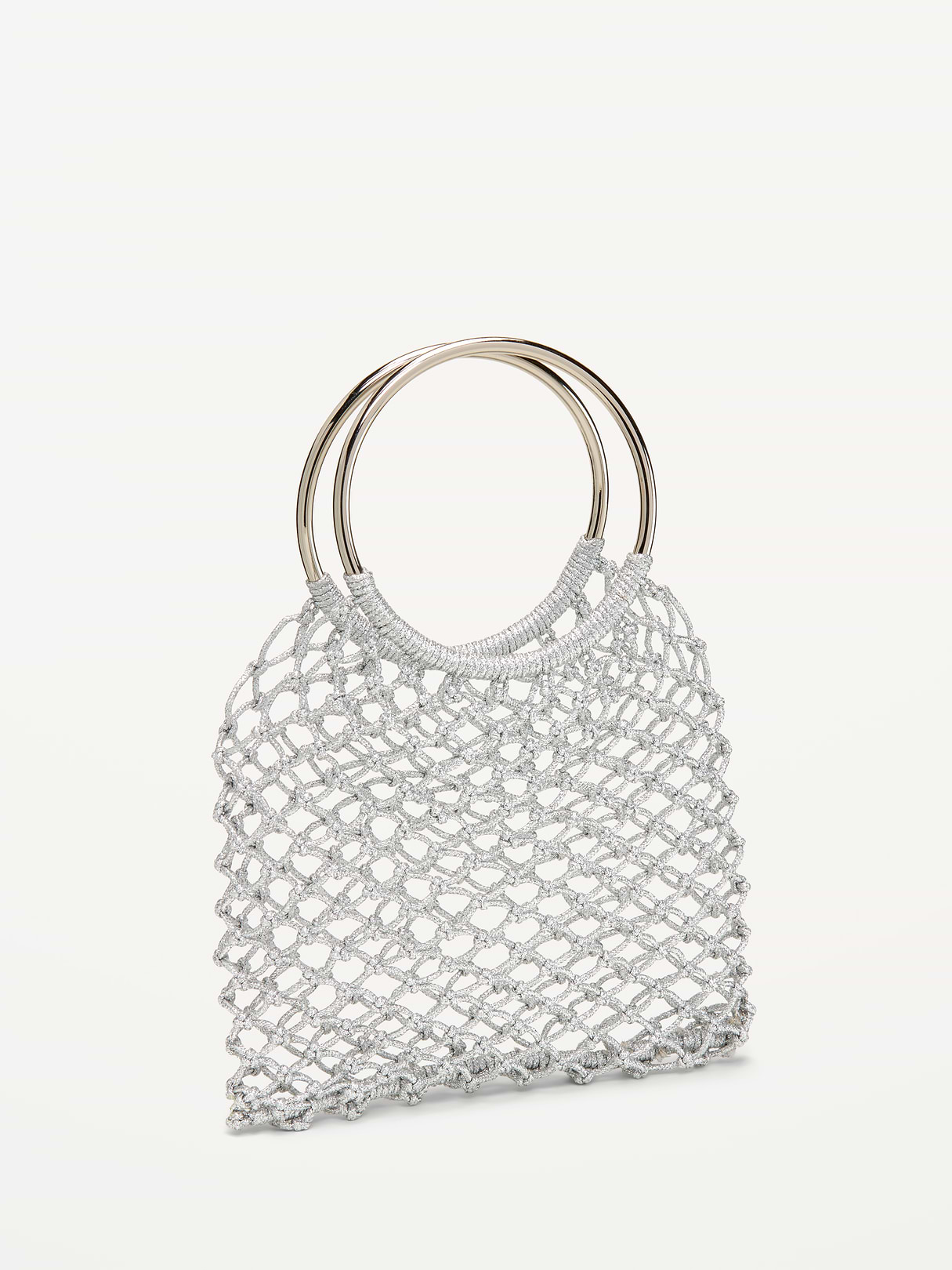 Metallic Crochet Ring Handle Bag - Silvery Silver