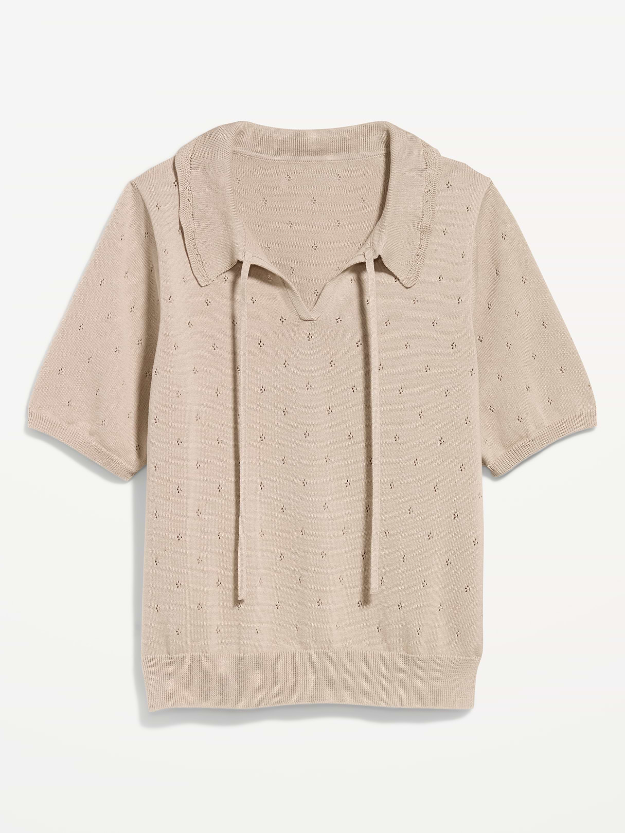 Tie-Front Seaside Cotton Pointelle Cropped Polo - Hemisphere