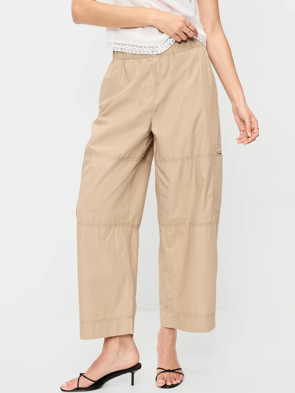 Mid-Rise Cropped Barrel-Leg Utility Pants - Toasted Almond