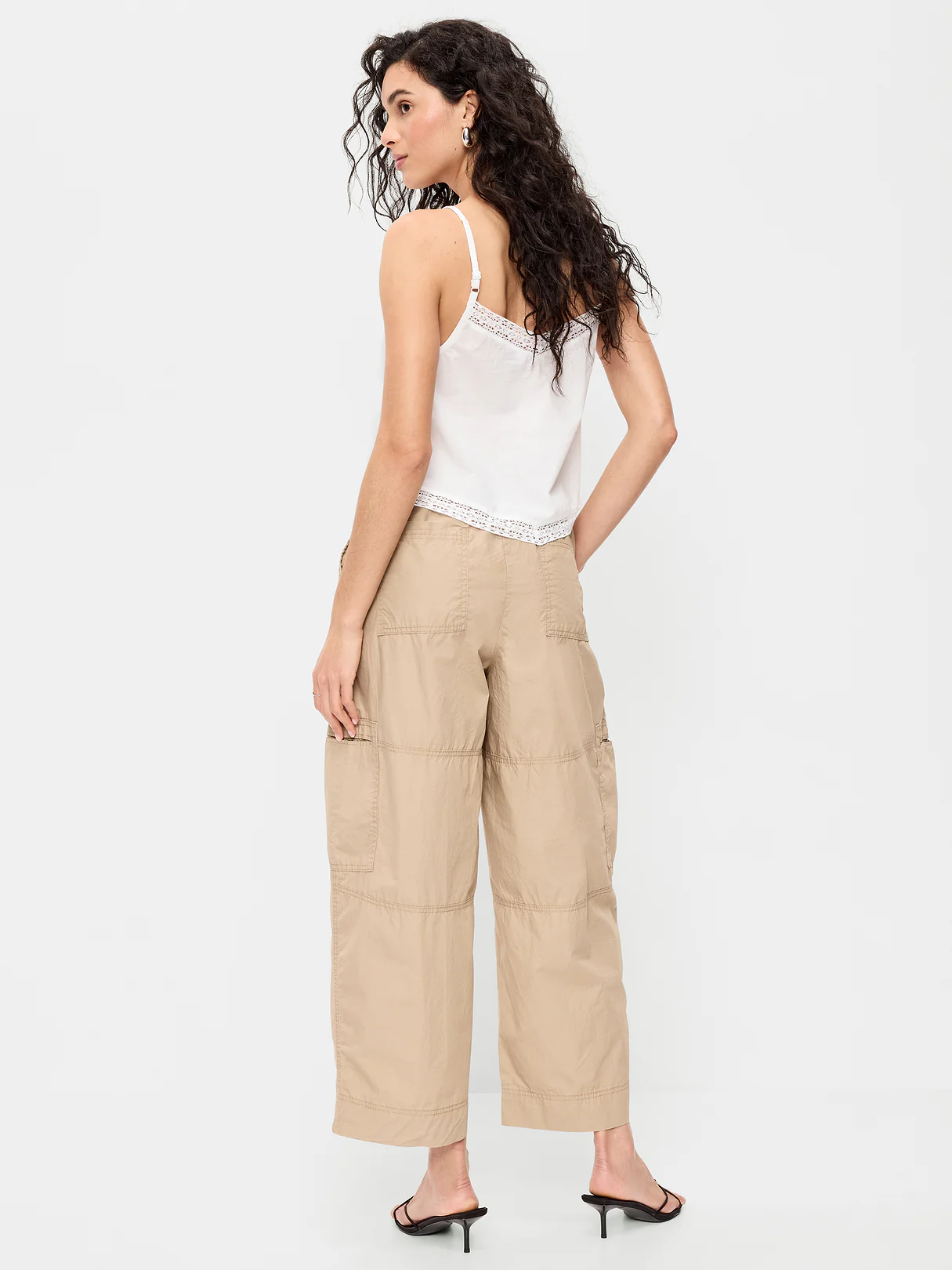 Mid-Rise Cropped Barrel-Leg Utility Pants - Toasted Almond