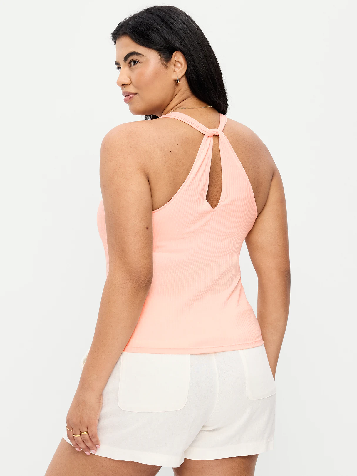 Ribbed Loop-Back Halter Top - Peach Gelato
