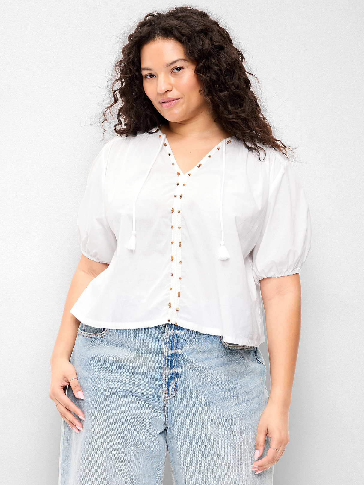 Short-Sleeve Beaded Top - White Lilies