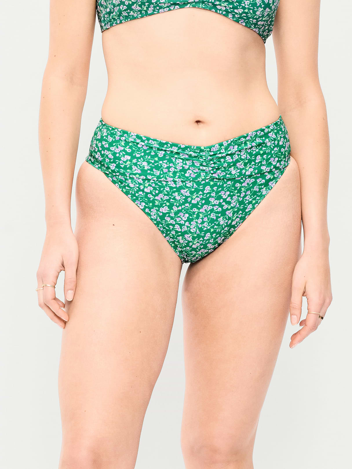 High-Waisted Cinched Bikini Swim Bottoms - Green Floral