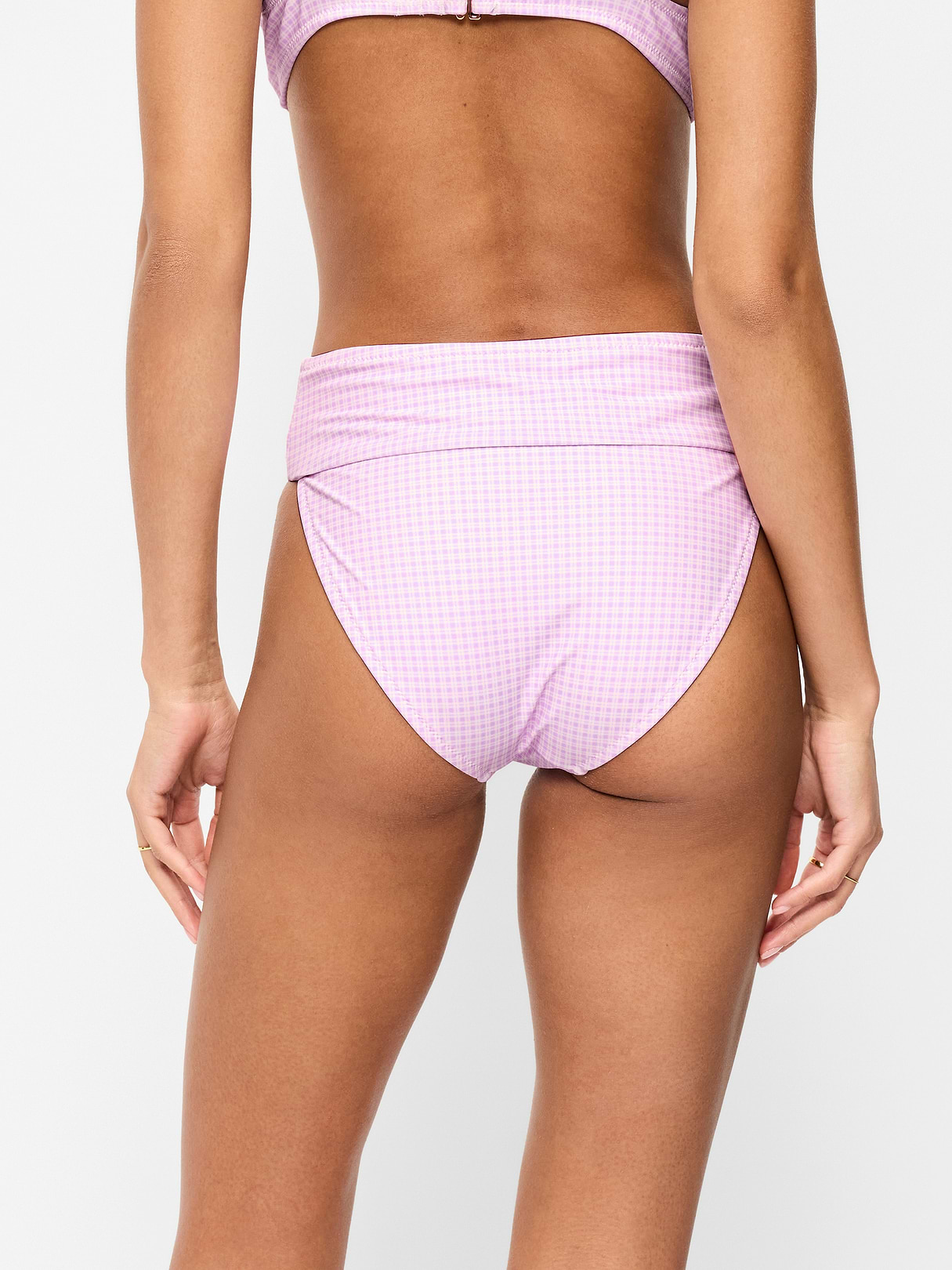 High-Waisted Cinched Bikini Swim Bottoms - Purple Gingham