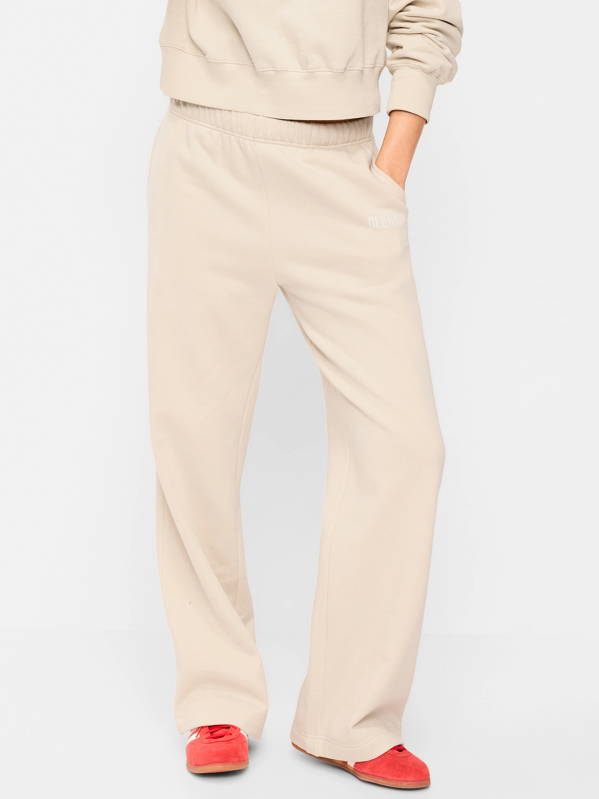 High-Waisted Fleece Wide-Leg Sweatpants - Wish Bone