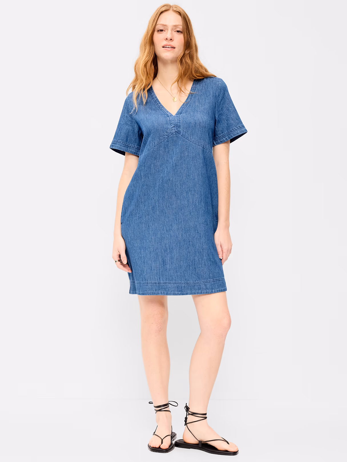 Short-Sleeve Linen-Blend Mini Shift Dress - Medium Wash