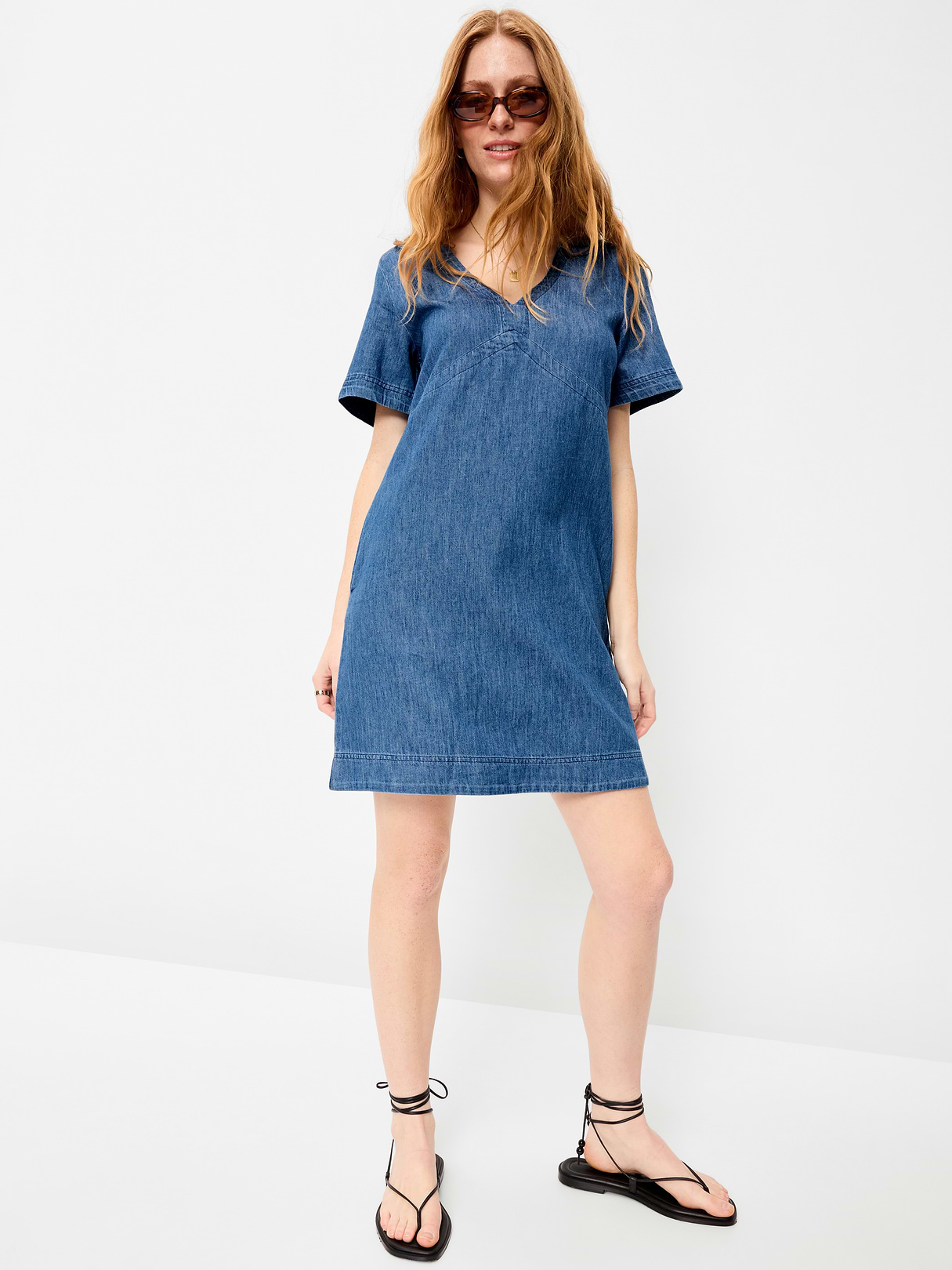 Short-Sleeve Linen-Blend Mini Shift Dress - Medium Wash