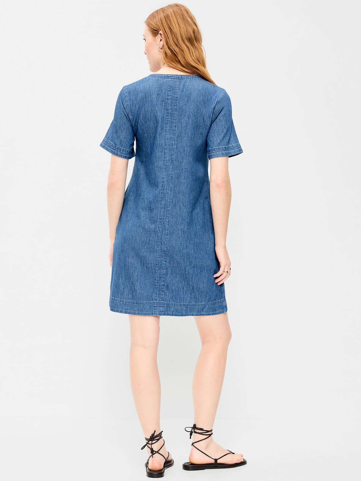 Short-Sleeve Linen-Blend Mini Shift Dress - Medium Wash