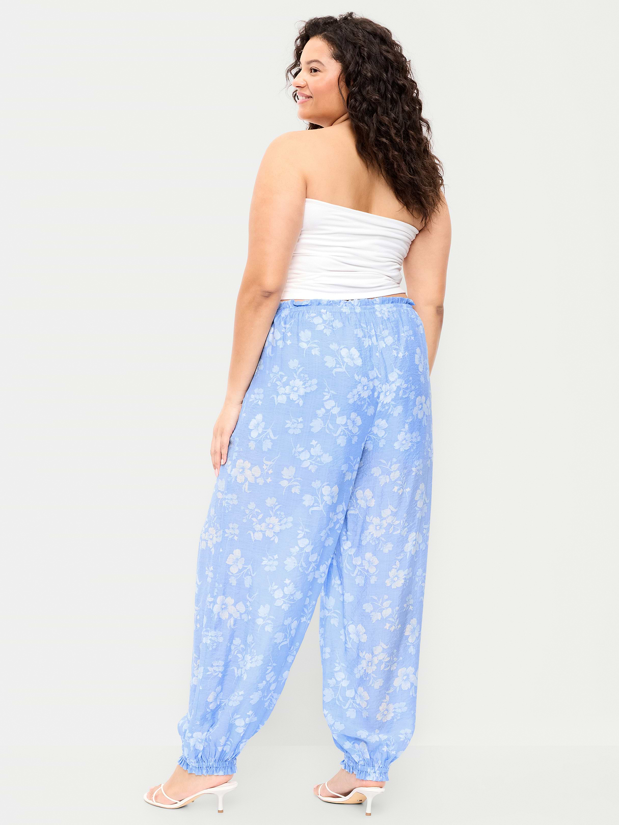 High-Waisted Sheer Chiffon Harem Pants - Blue Floral