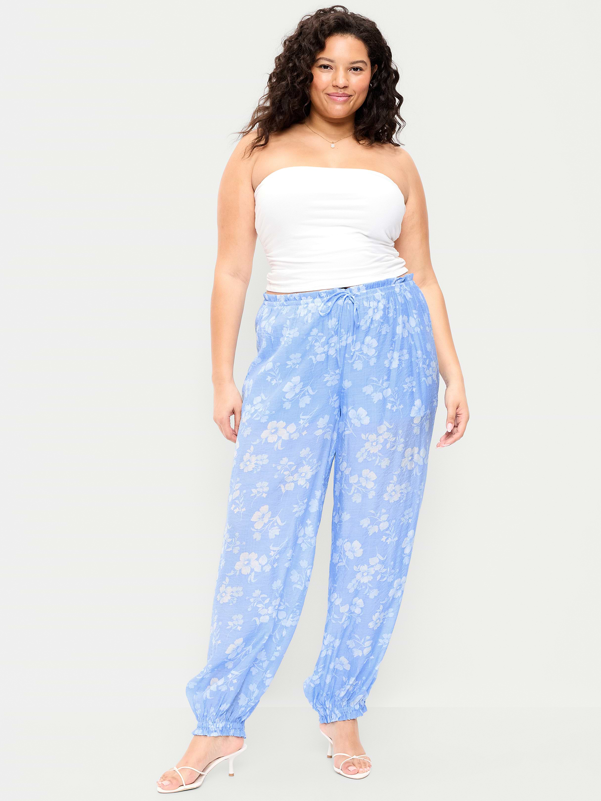 High-Waisted Sheer Chiffon Harem Pants - Blue Floral