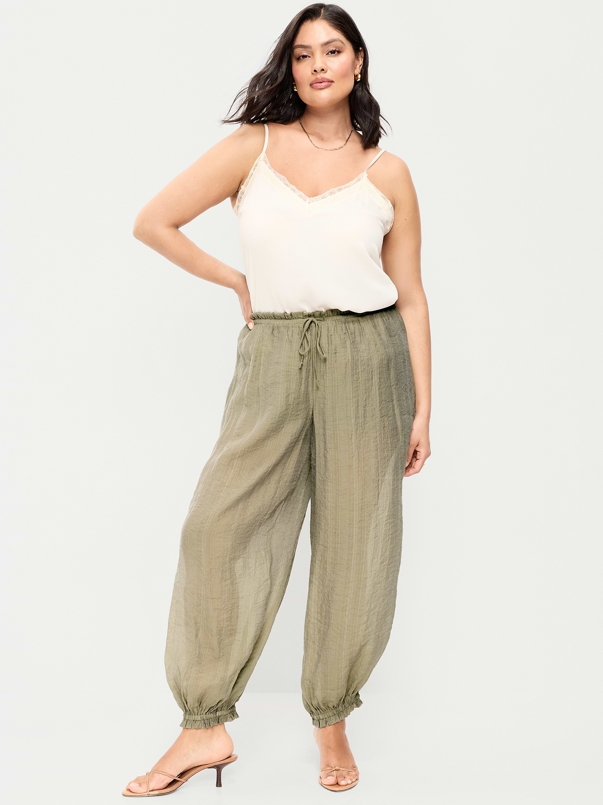 High-Waisted Sheer Chiffon Harem Pants - Dried Grasses